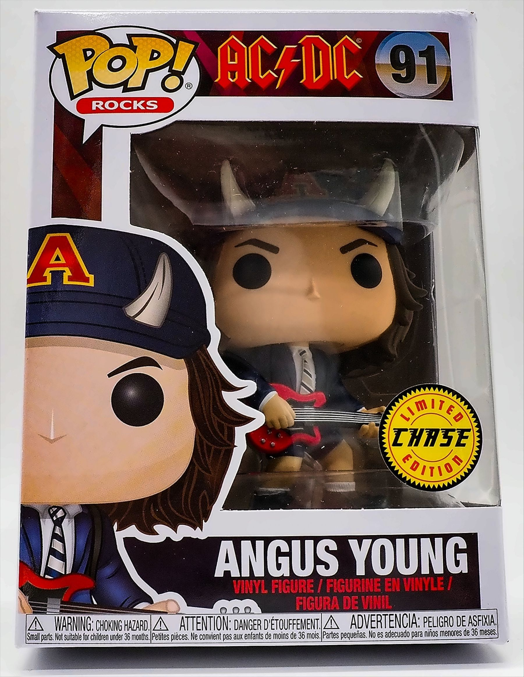 Pop! Rocks AC/DC Angus Young Figur in einer Box. Limited Chase Edition Aufkleber sichtbar.