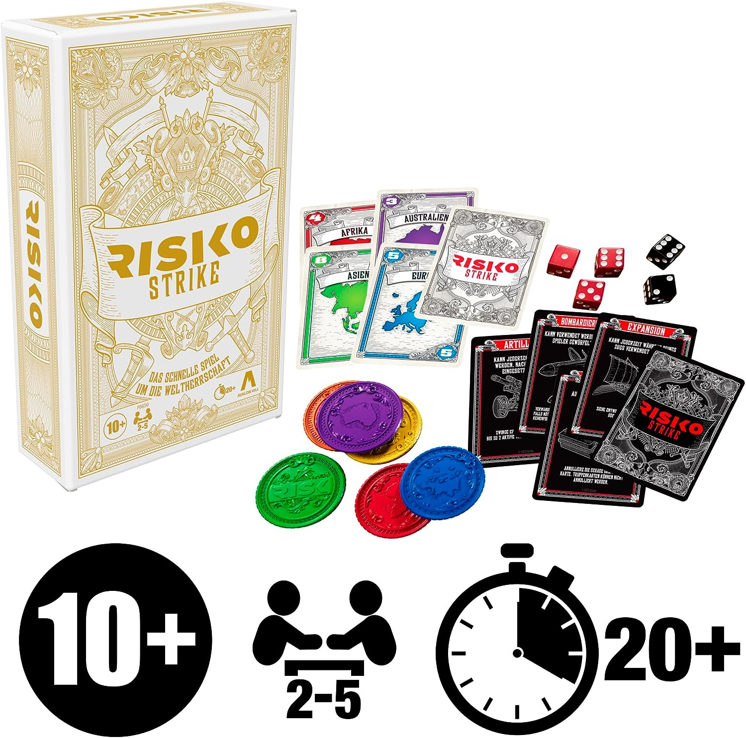 Eine Risk-Spielbox mit Karten, Würfeln und Spielsteinen. Ein 10+-Symbol, ein 2-5-Spieler-Symbol und ein 20+-Minuten-Symbol.