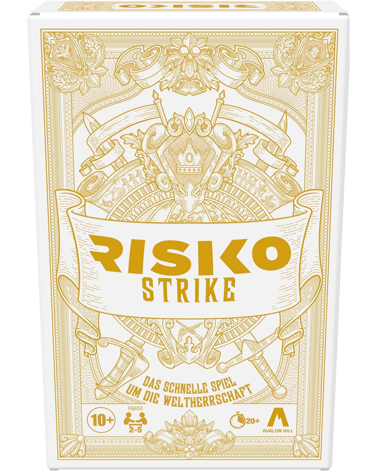 Schachtel des Brettspiels „RISIKO STRIKE“ mit Illustrationen und Text.