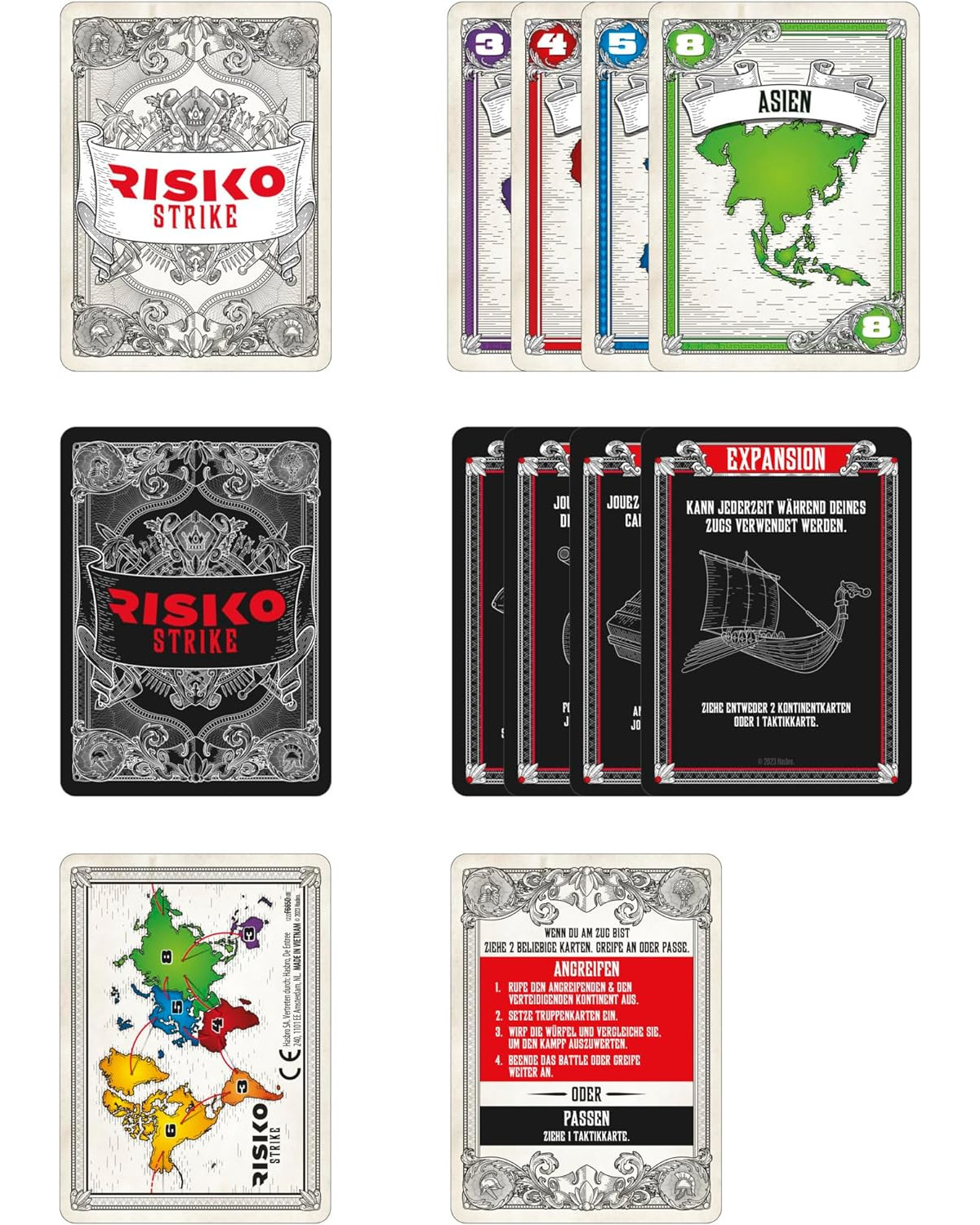 Risk Strike Brettspielkarten. Vorder- und Rückseiten mit verschiedenen Designs und Texten.