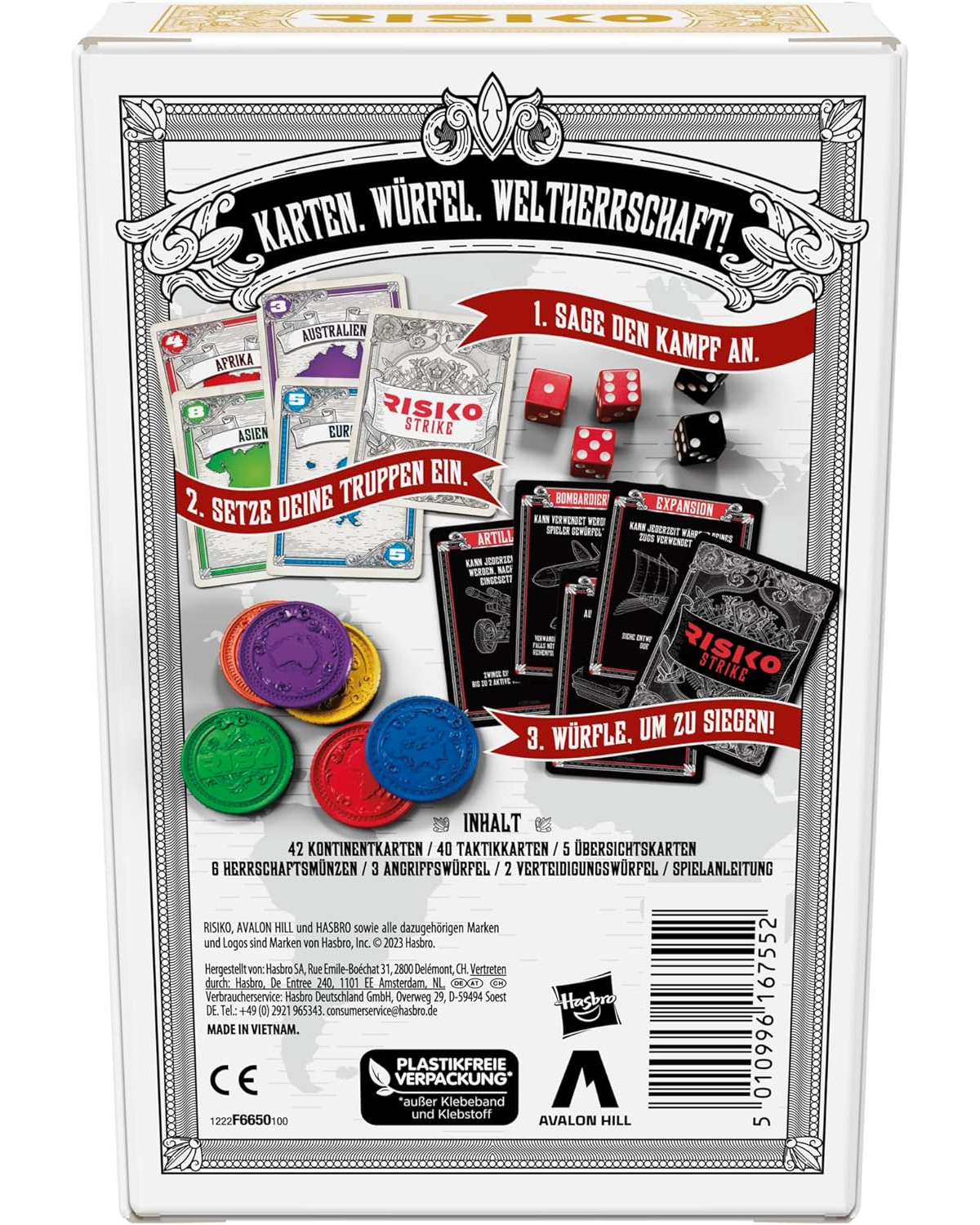 Rückseite einer Risk-Brettspielbox mit deutschem Text, Würfeln, Karten und Spielsteinen.