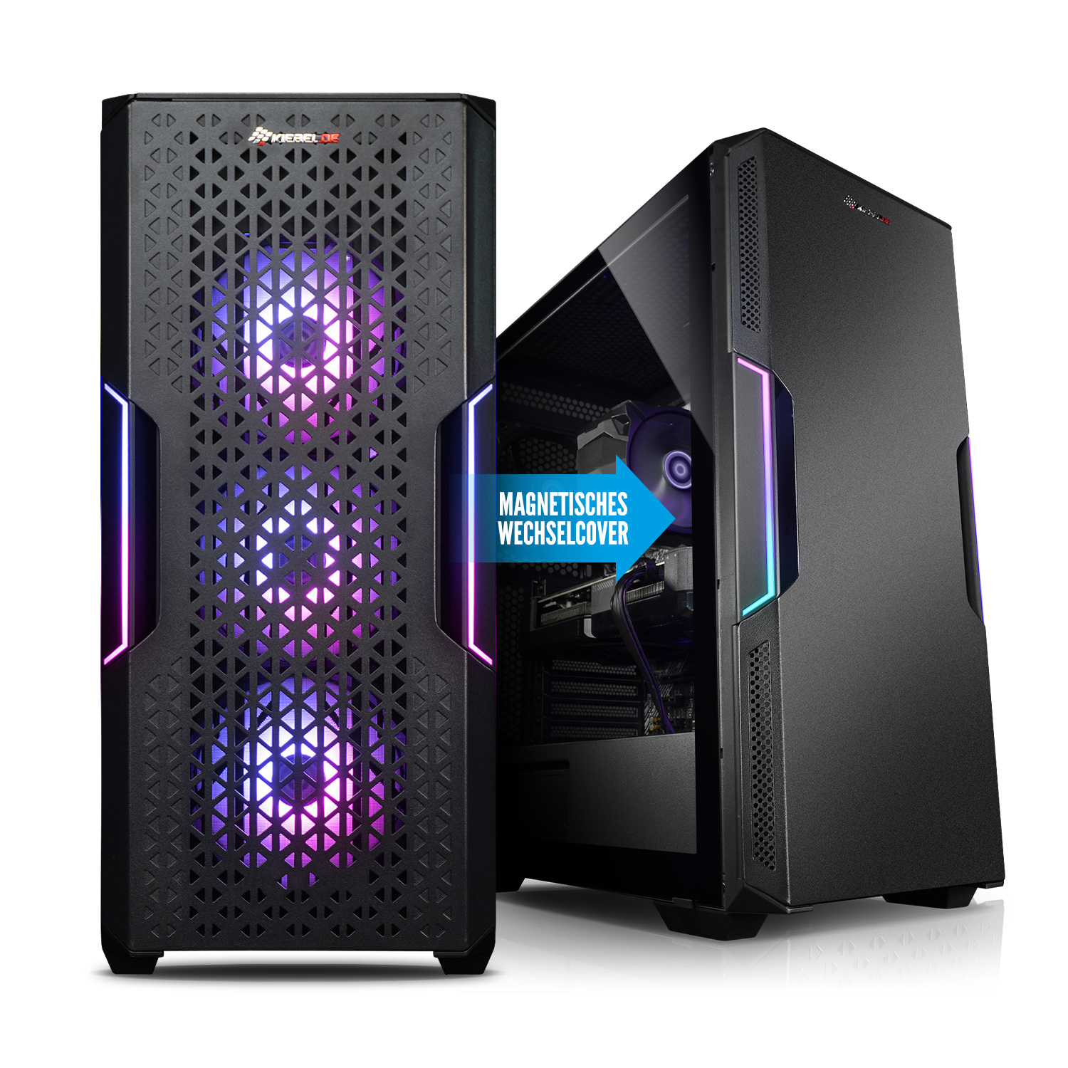 Zwei schwarze Computergehäuse mit dekorativer Beleuchtung. Eines hat eine Glas-Seitenwand.