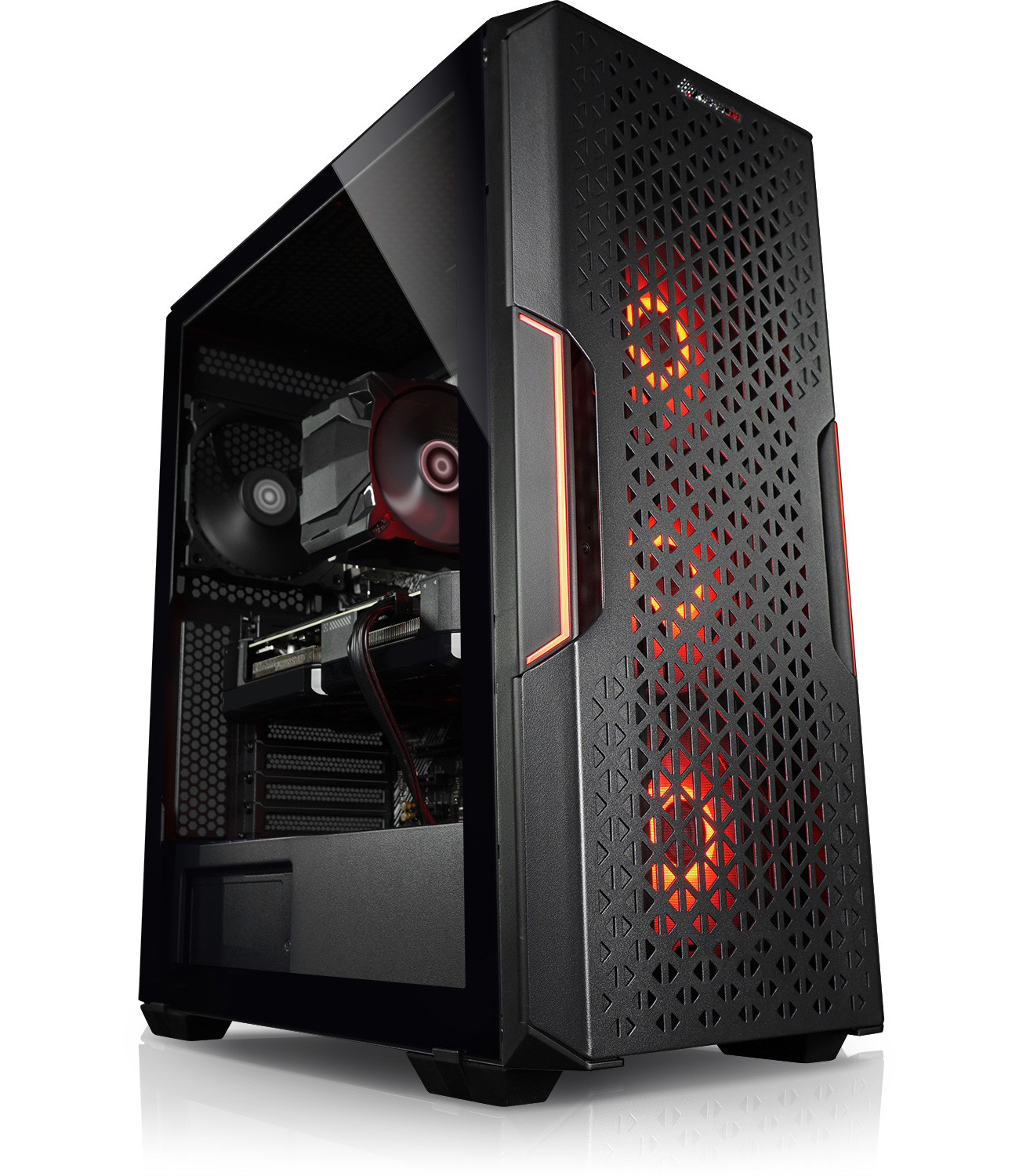 Schwarzes PC-Gehäuse mit roten Akzenten, geöffnet, um Komponenten zu zeigen. Die Front hat ein Gittermuster.