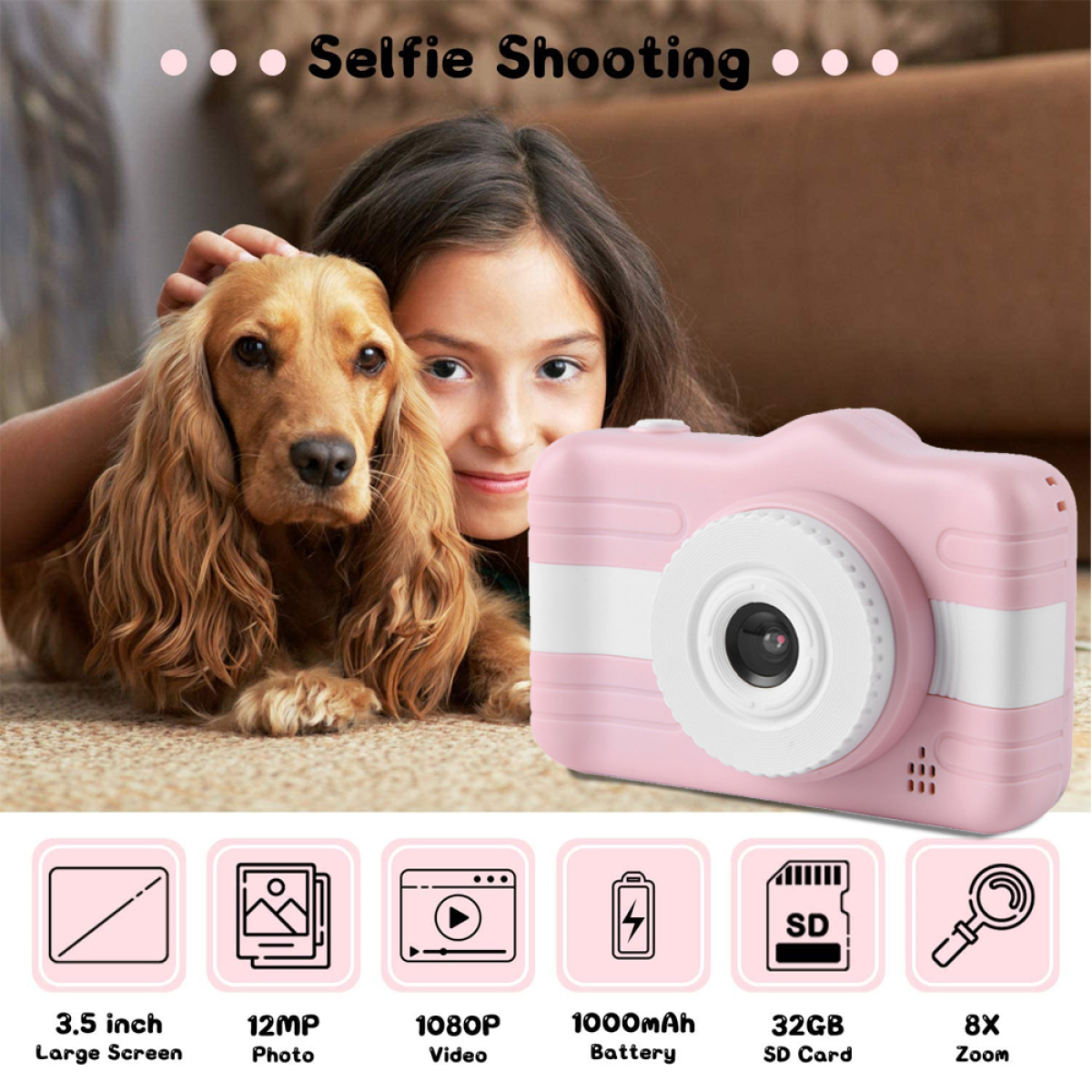 Mädchen mit Hund und rosa Kamera mit Symbolen: Bildschirm, Foto, Video, Akku, SD-Karte, Zoom.