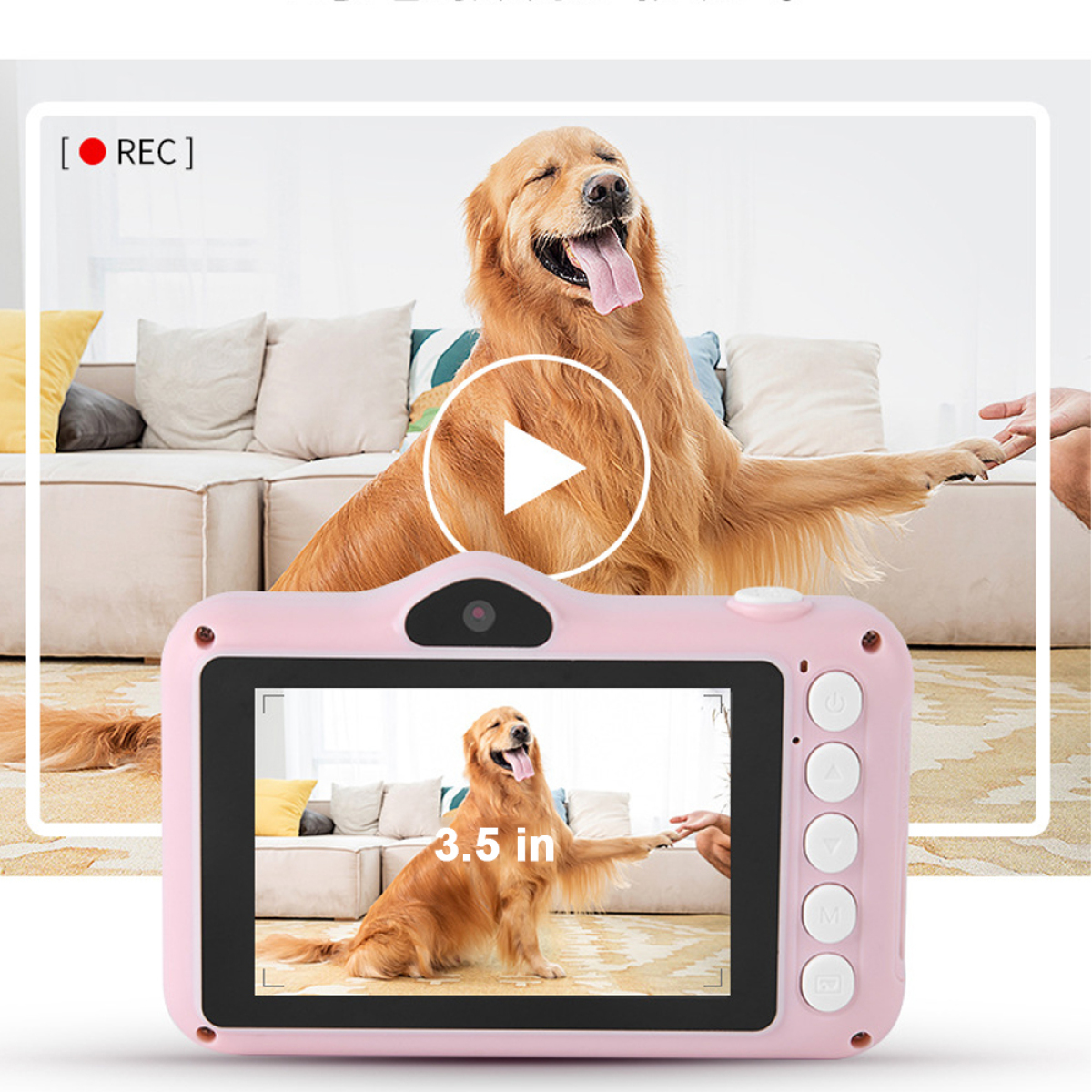 Eine rosa Digitalkamera, die einen Hund auf ihrem Bildschirm zeigt. Ein Hund ist auch im Hintergrund.