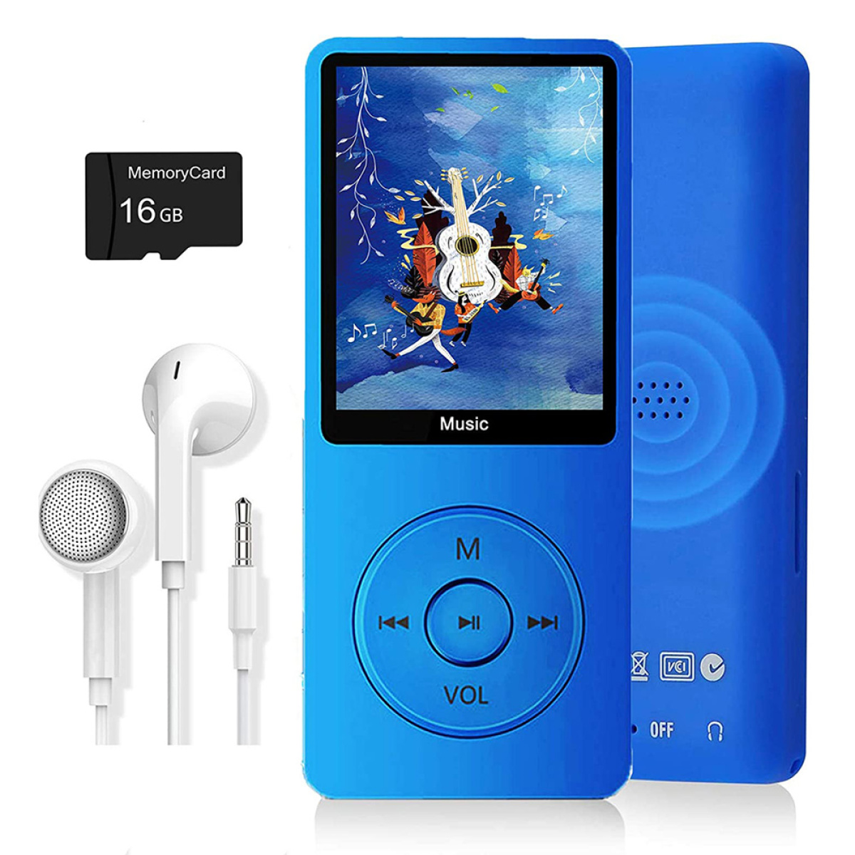 Blauer MP3-Player mit Kopfhörern. Der Player hat einen Bildschirm und Tasten. Eine Speicherkarte.