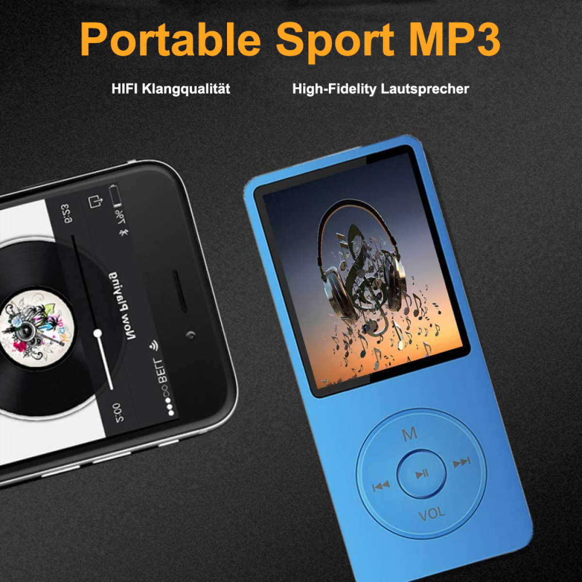 Blauer tragbarer MP3-Player neben einem Telefon mit einem Bildschirm, der Musiknoten zeigt. Der Hintergrund ist dunkelblau.