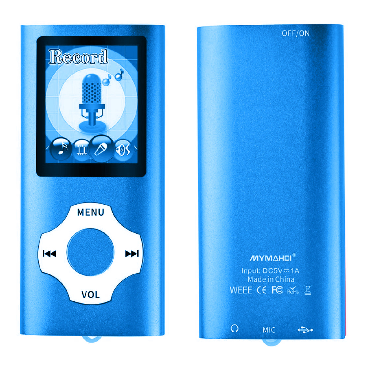Blauer MP3-Player mit Bildschirm und Knöpfen. Vorder- und Rückansicht.