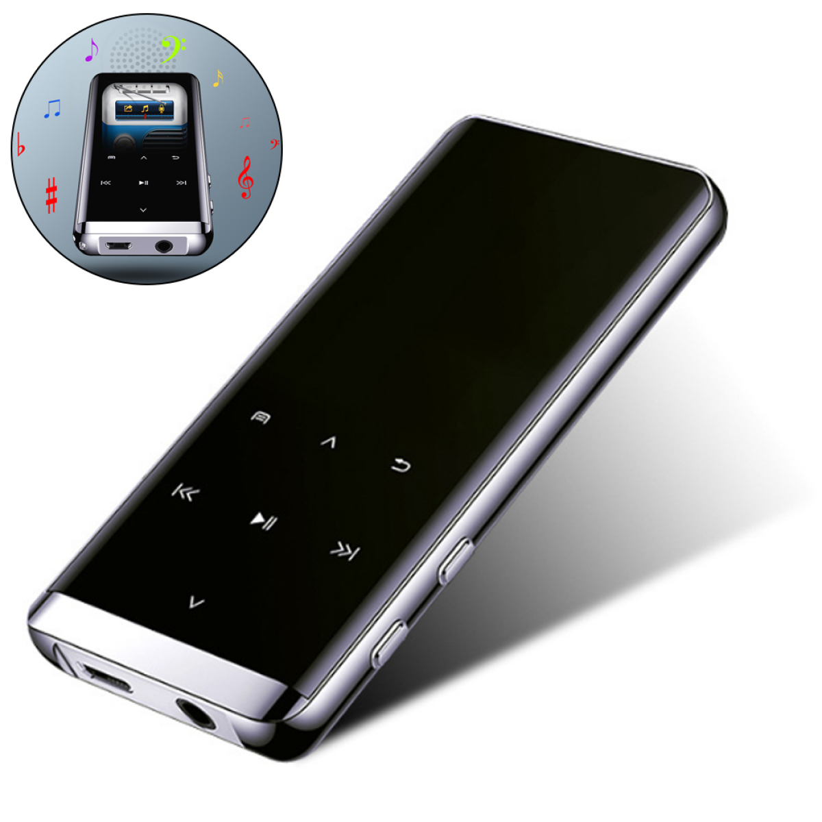 Schwarzer MP3-Player mit silberner Zierleiste. Hat Navigationstasten und einen Bildschirm. Ein kleiner Einsatz zeigt die Oberfläche.