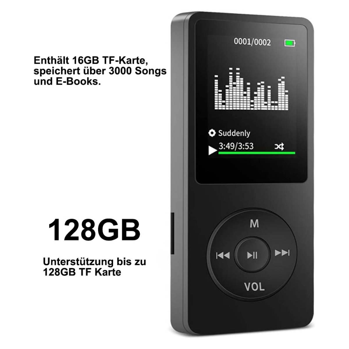 Schwarzer MP3-Player mit Bildschirm, der Musikvisualisierer, Songinformationen und Steuertasten zeigt.