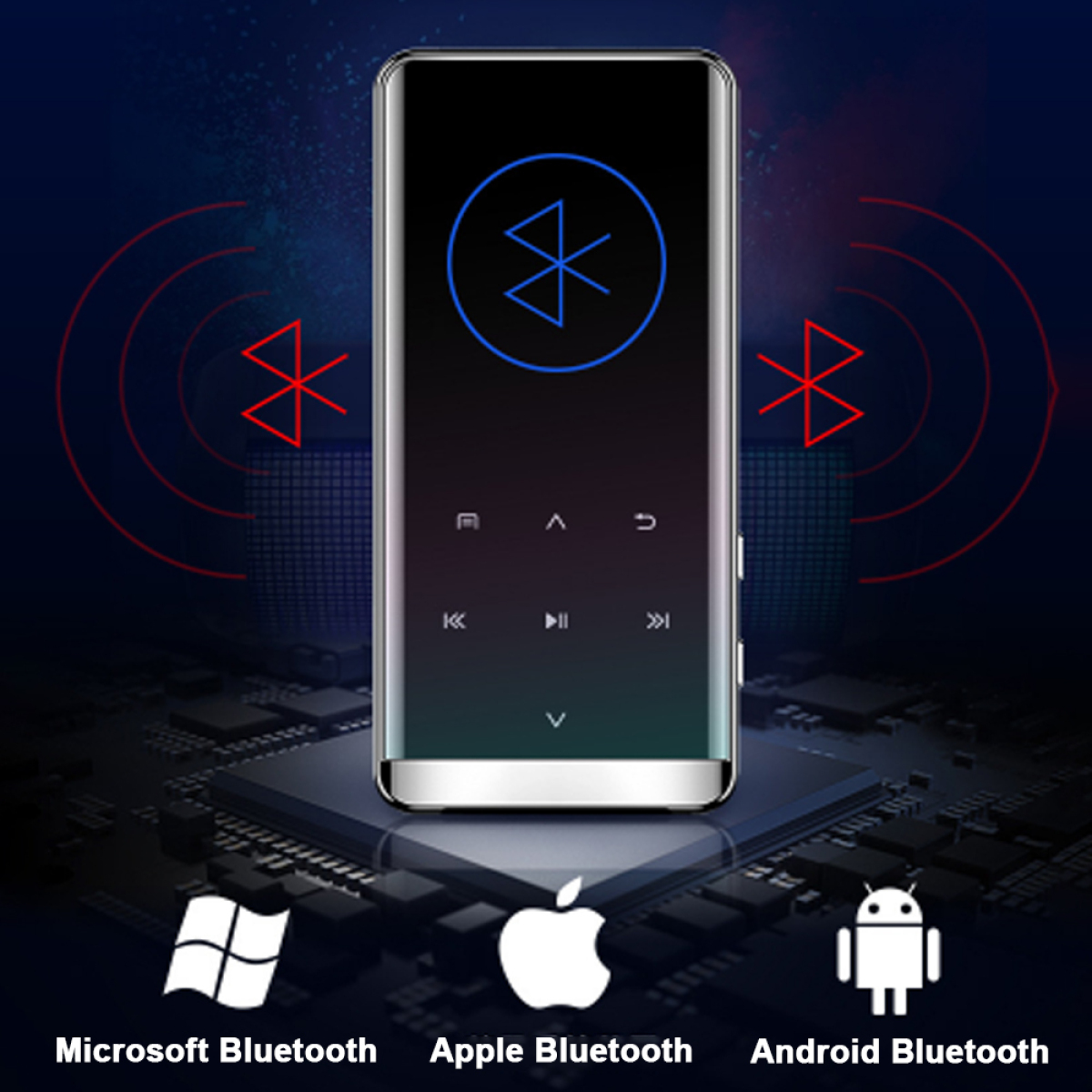 MP3-Player mit Bluetooth-Symbol und Symbolen für Microsoft, Apple und Android.