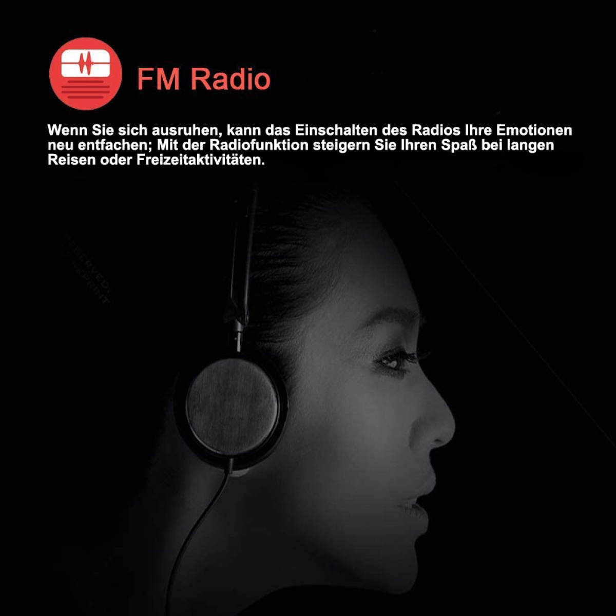Seitenprofil einer Frau mit Kopfhörern. Text: UKW-Radio.