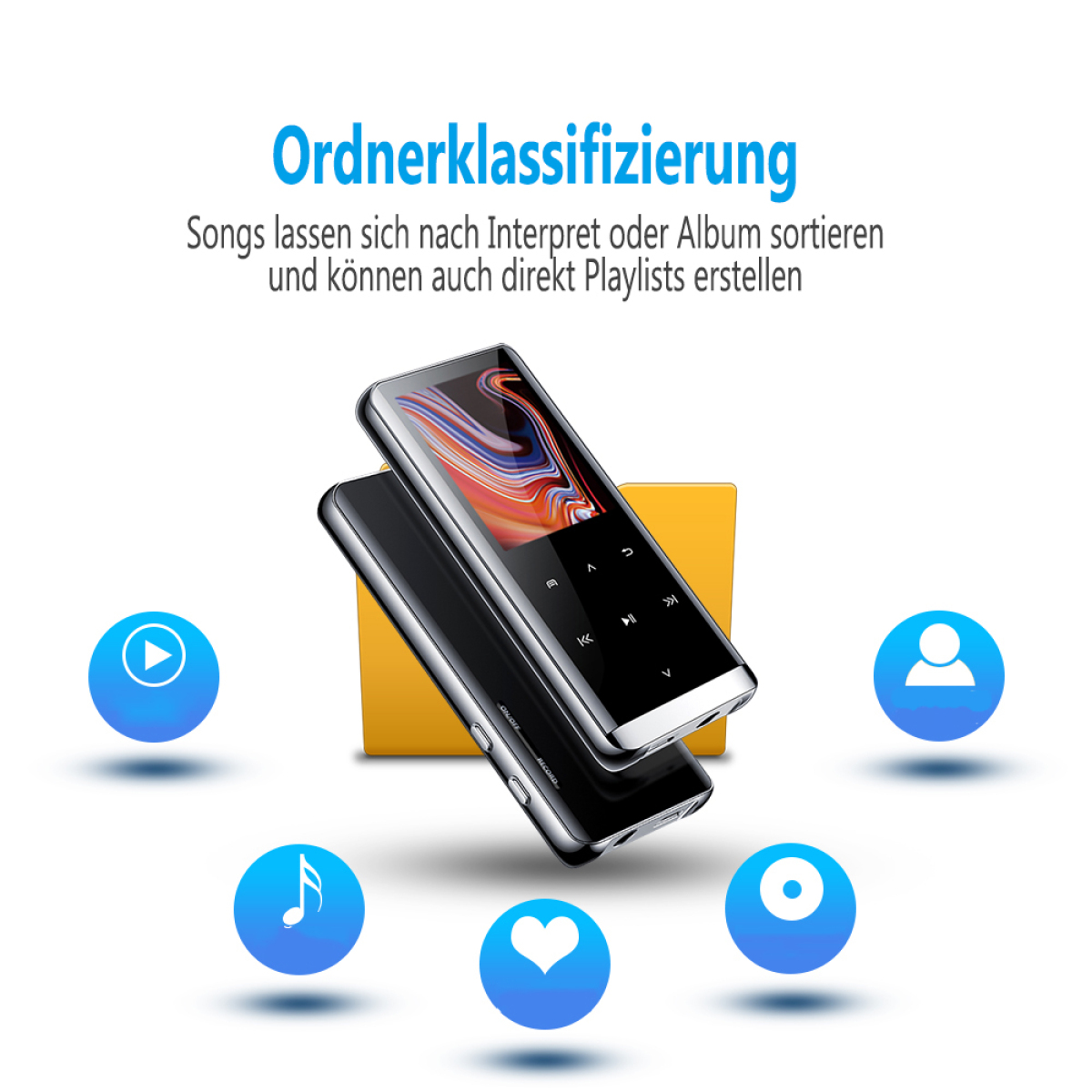 Schwarzer MP3-Player mit Bildschirm und Knöpfen, Ordnersymbol und blauen App-Symbolen auf weißem Hintergrund.