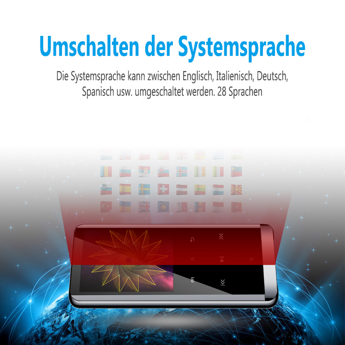 Tablet mit verschiedenen Flaggen und Text auf Deutsch, der Sprachauswahloptionen anzeigt.