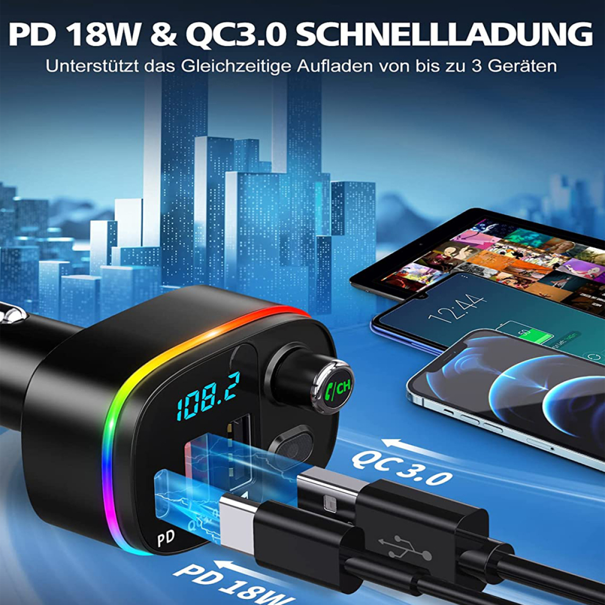 Auto-Ladegerät mit USB-Anschlüssen, lädt Telefon und Tablet. Text im Hintergrund.