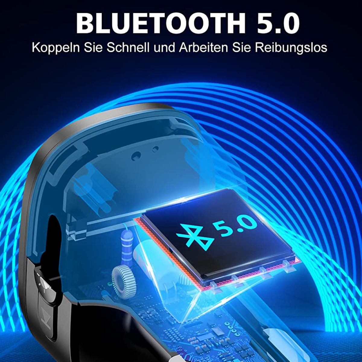 Ein blau leuchtender Ohrhörer mit dem Text 'BLUETOOTH 5.0' und einer Platine.
