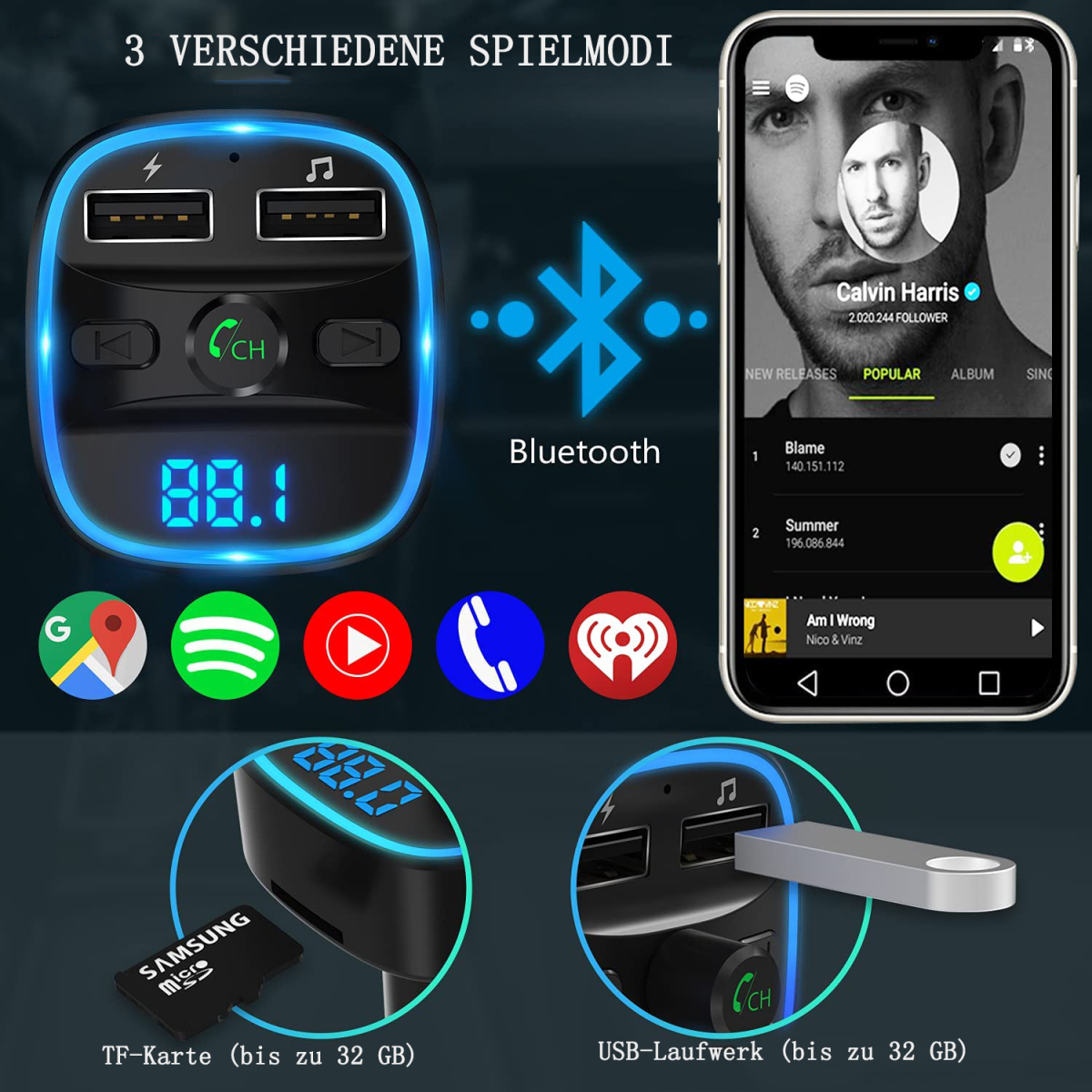 FM-Transmitter Auto-MP3-Bluetooth-Player ELKUAIE