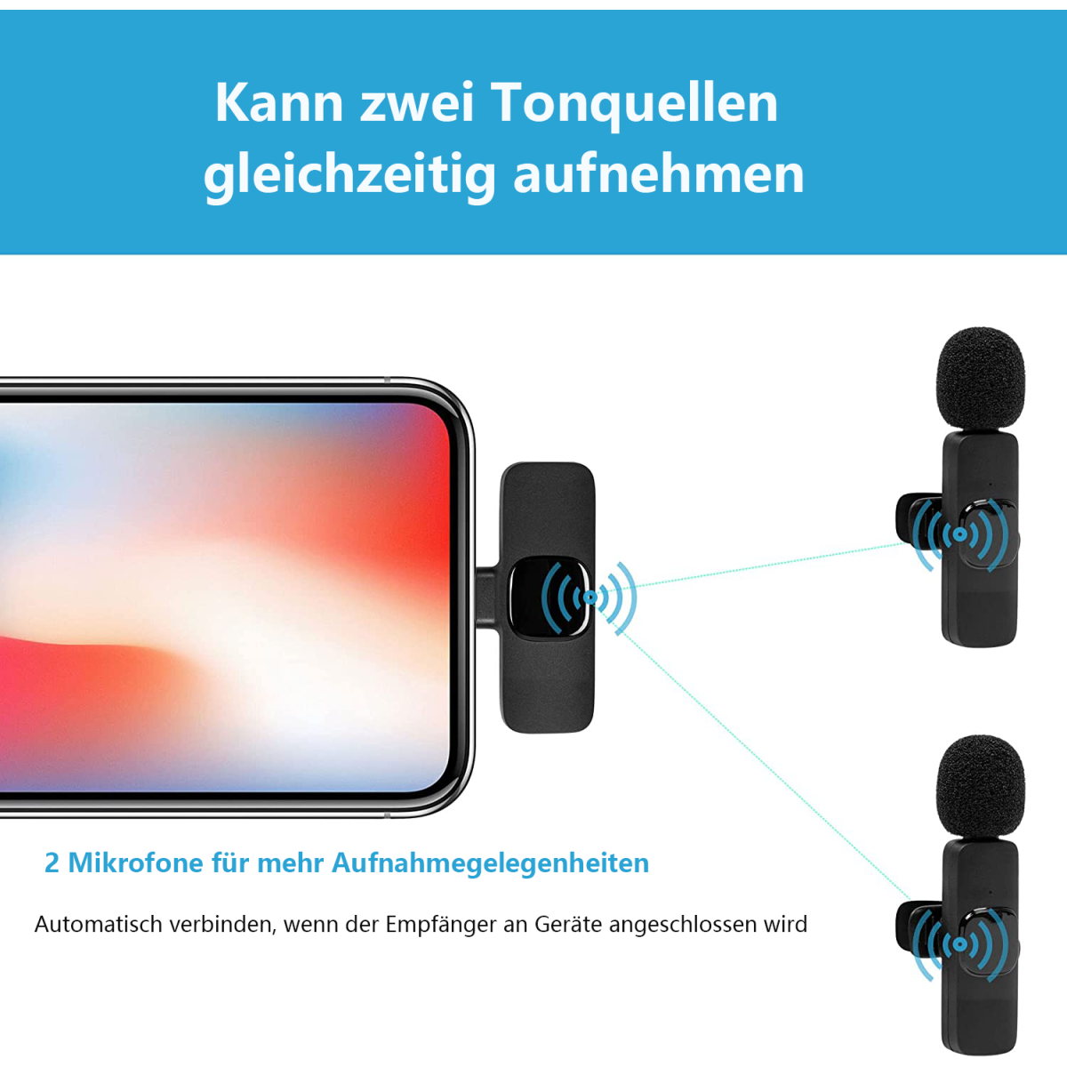 Ein Smartphone mit drahtlosen Mikrofonen zur Aufnahme und Text auf Deutsch.