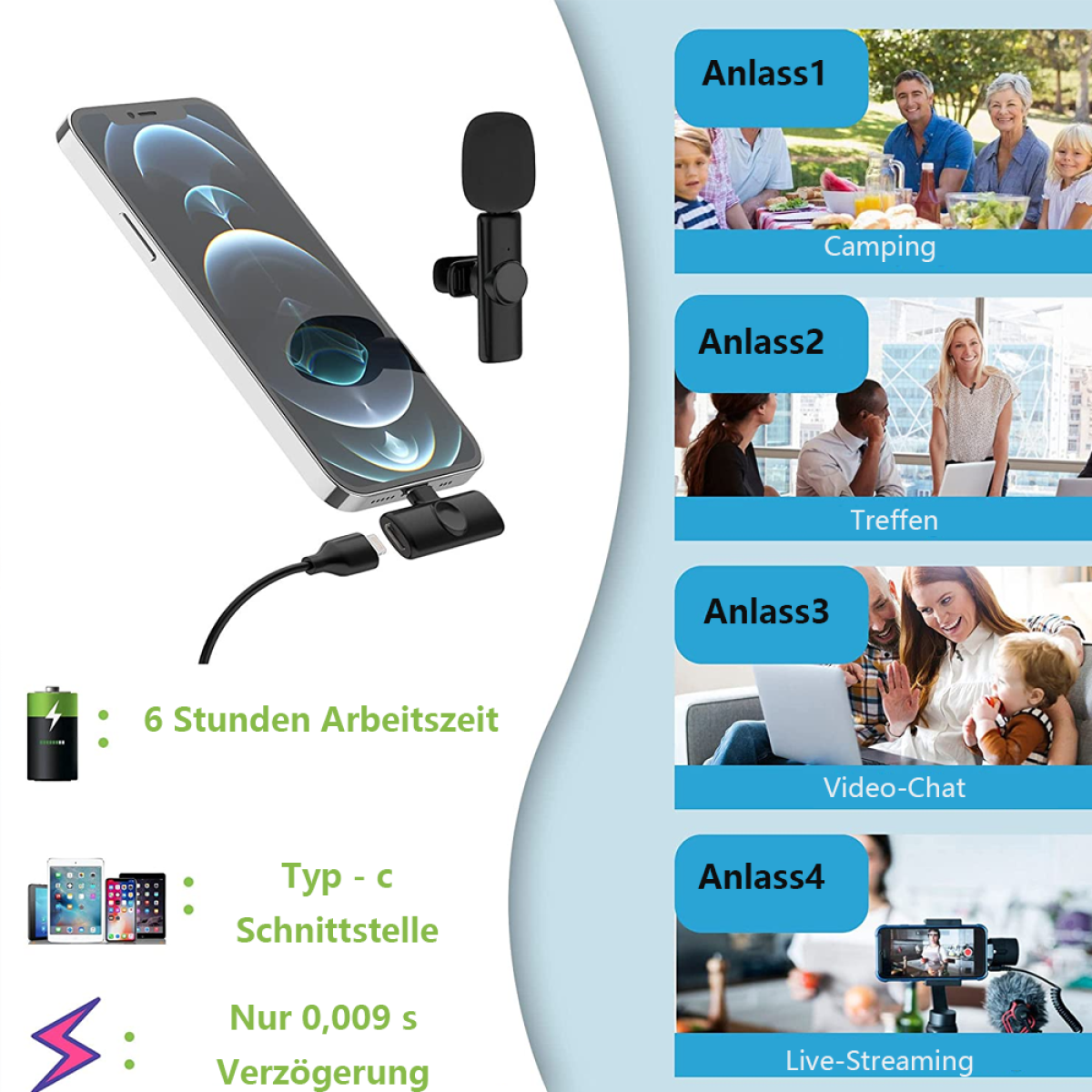 Smartphone mit Mikrofon verbunden. Das Bild zeigt die Nutzungszeit, den Verbindungstyp und die Verzögerung.