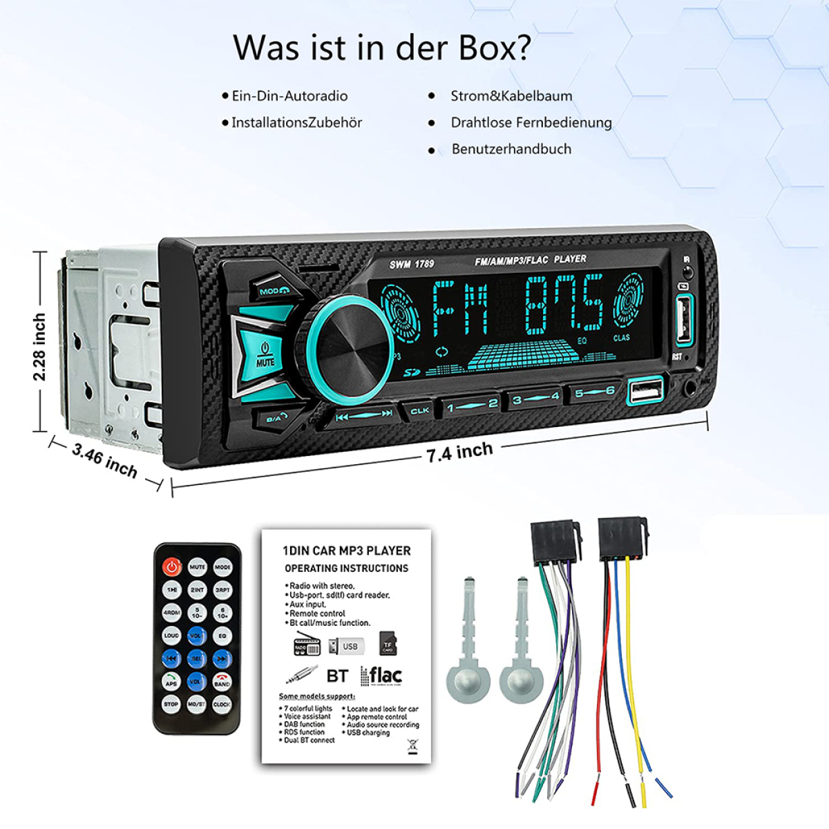 Autoradio mit Maßen, Anweisungen und Fernbedienung auf weißem Hintergrund.