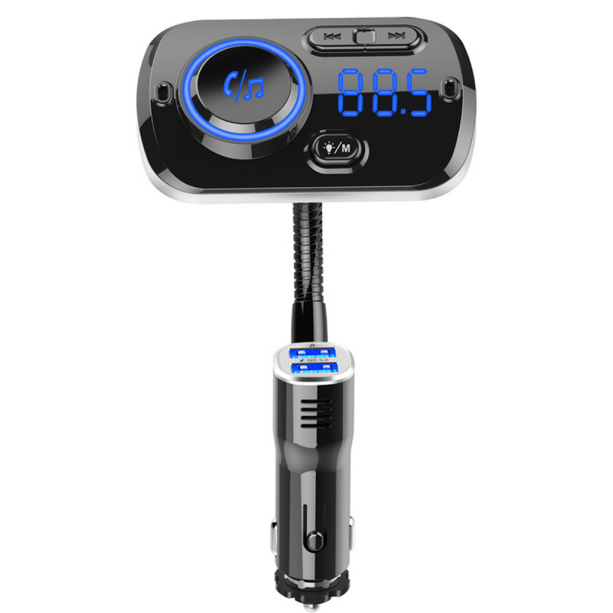 Schwarzer Auto-FM-Sender mit Display und Knöpfen auf hellem Hintergrund.
