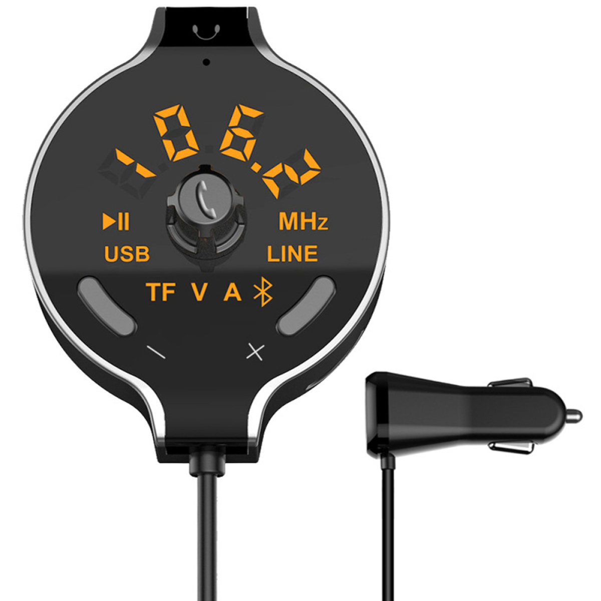 Schwarzer FM-Transmitter fürs Auto mit Display und Knöpfen.