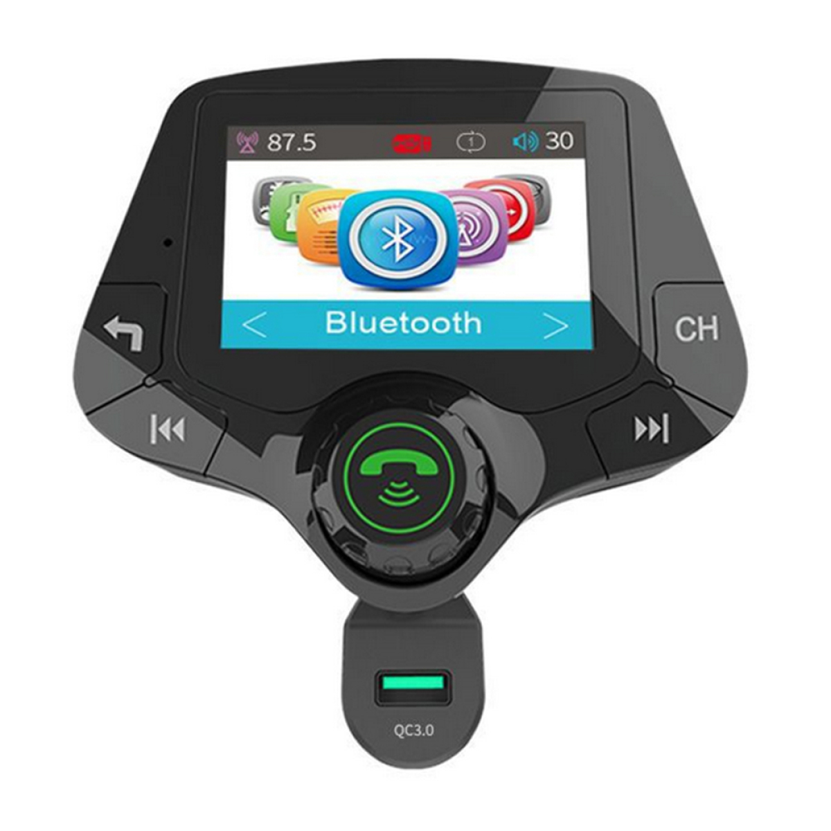 Schwarzes Auto-Bluetooth-Gerät mit Bildschirm, Tasten und USB-Anschluss.