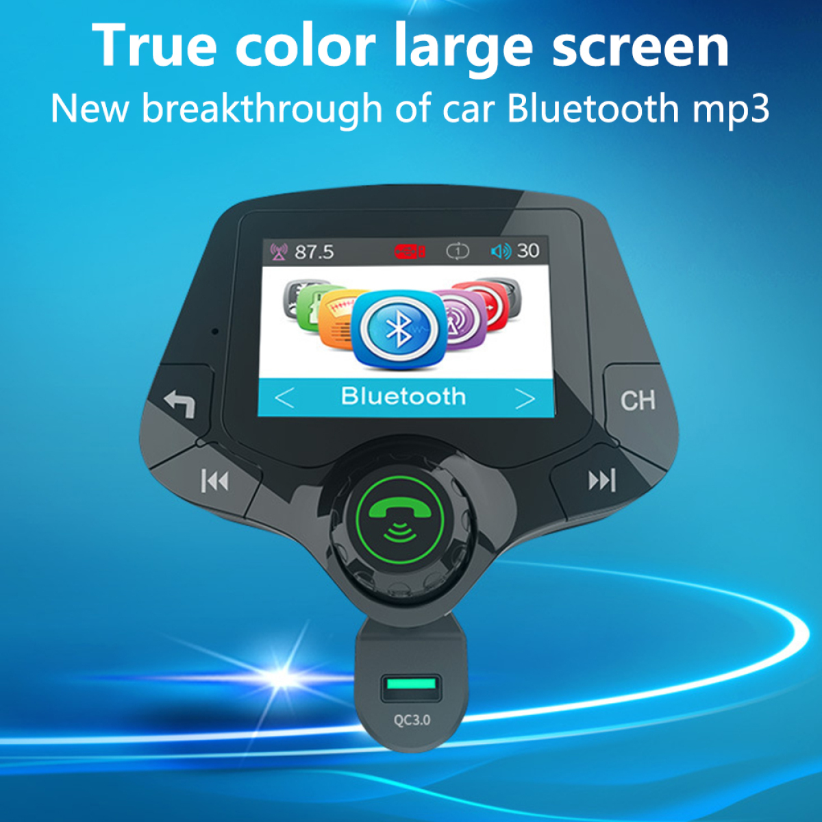 Ein Auto-Bluetooth-Gerät mit Bildschirm auf blauem Hintergrund. Der Bildschirm zeigt Symbole an.
