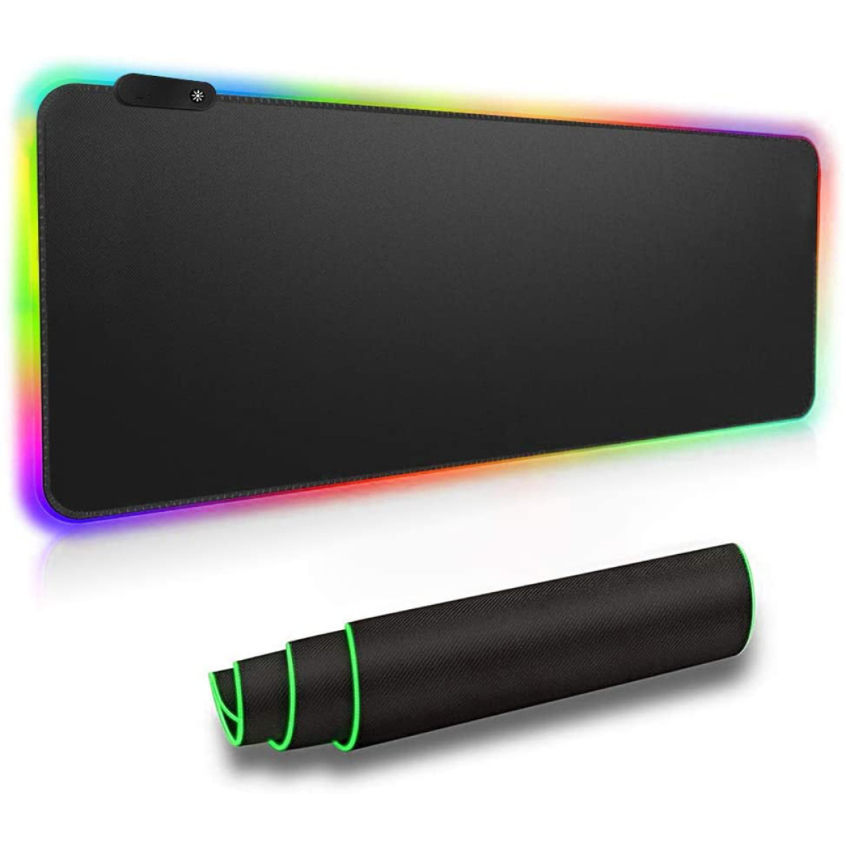 Schwarzes Gaming-Mauspad mit RGB-Kantenbeleuchtung und darunter eine aufgerollte Matte.