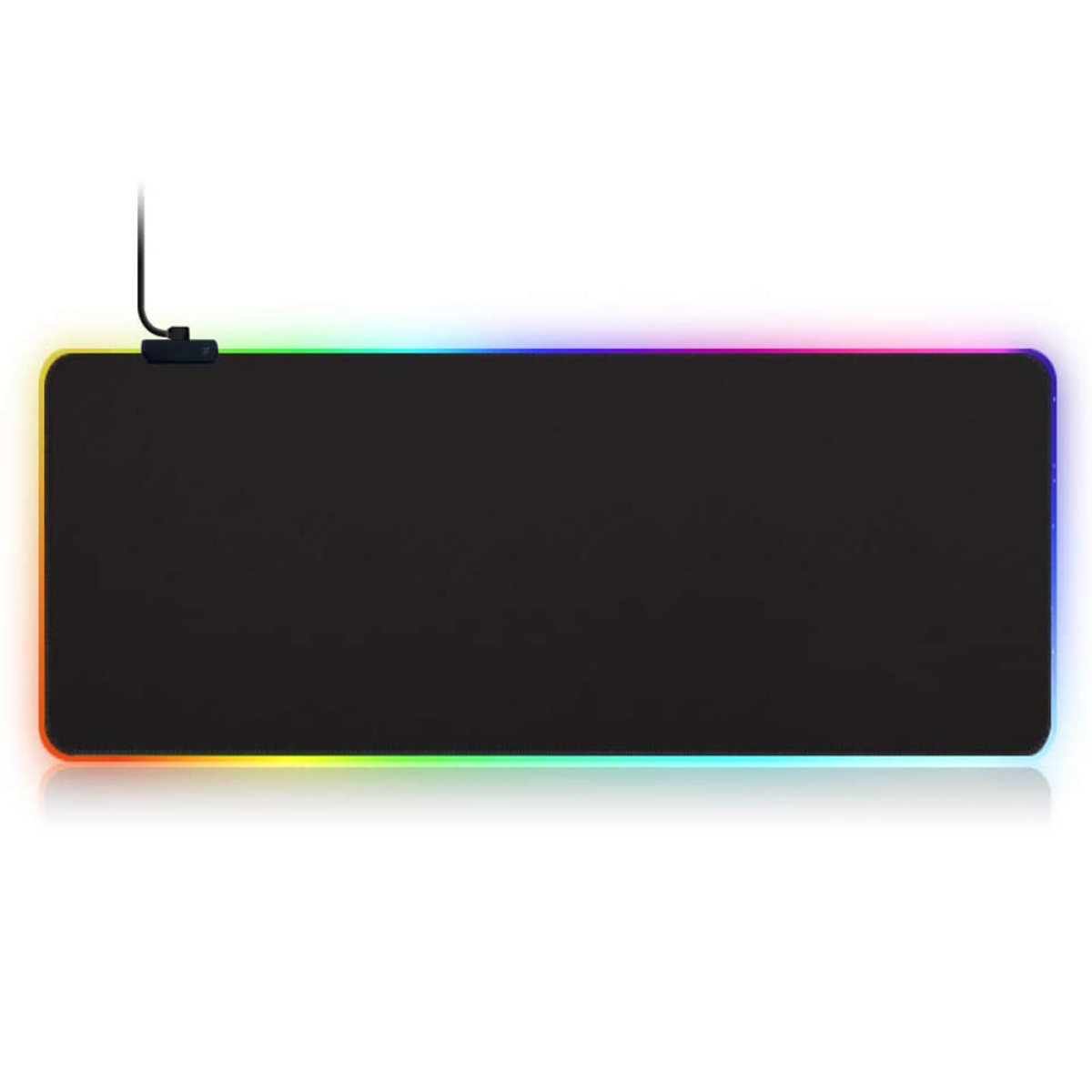 Schwarzes Gaming-Mauspad mit RGB-Beleuchtung an den Rändern, rechteckige Form.
