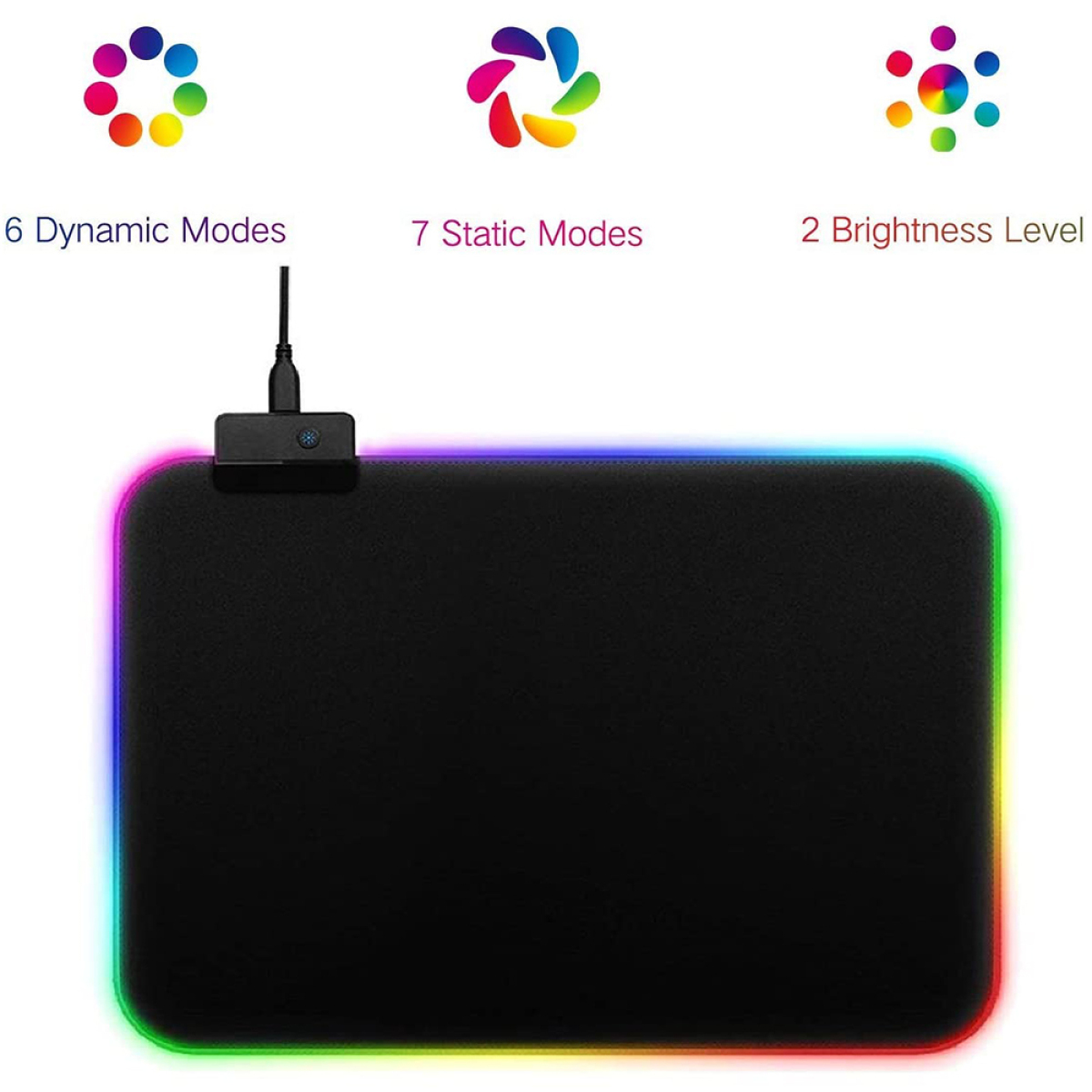Ein schwarzes MauspPad mit RGB-Lichtrand. Symbole oben zeigen 6 dynamische und 7 statische Modi.