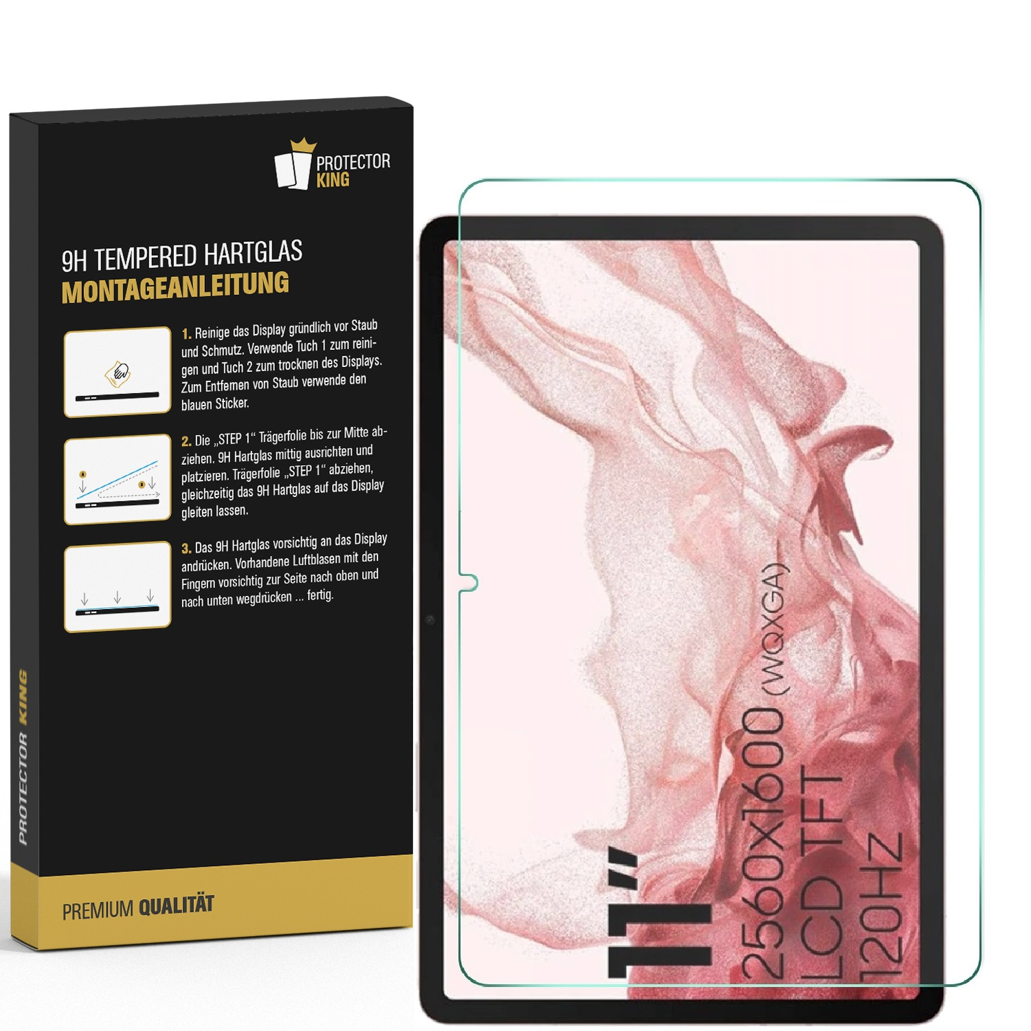 Tablet-Displayschutzfolie in der Box mit Installationsanleitung. Weißer Hintergrund.