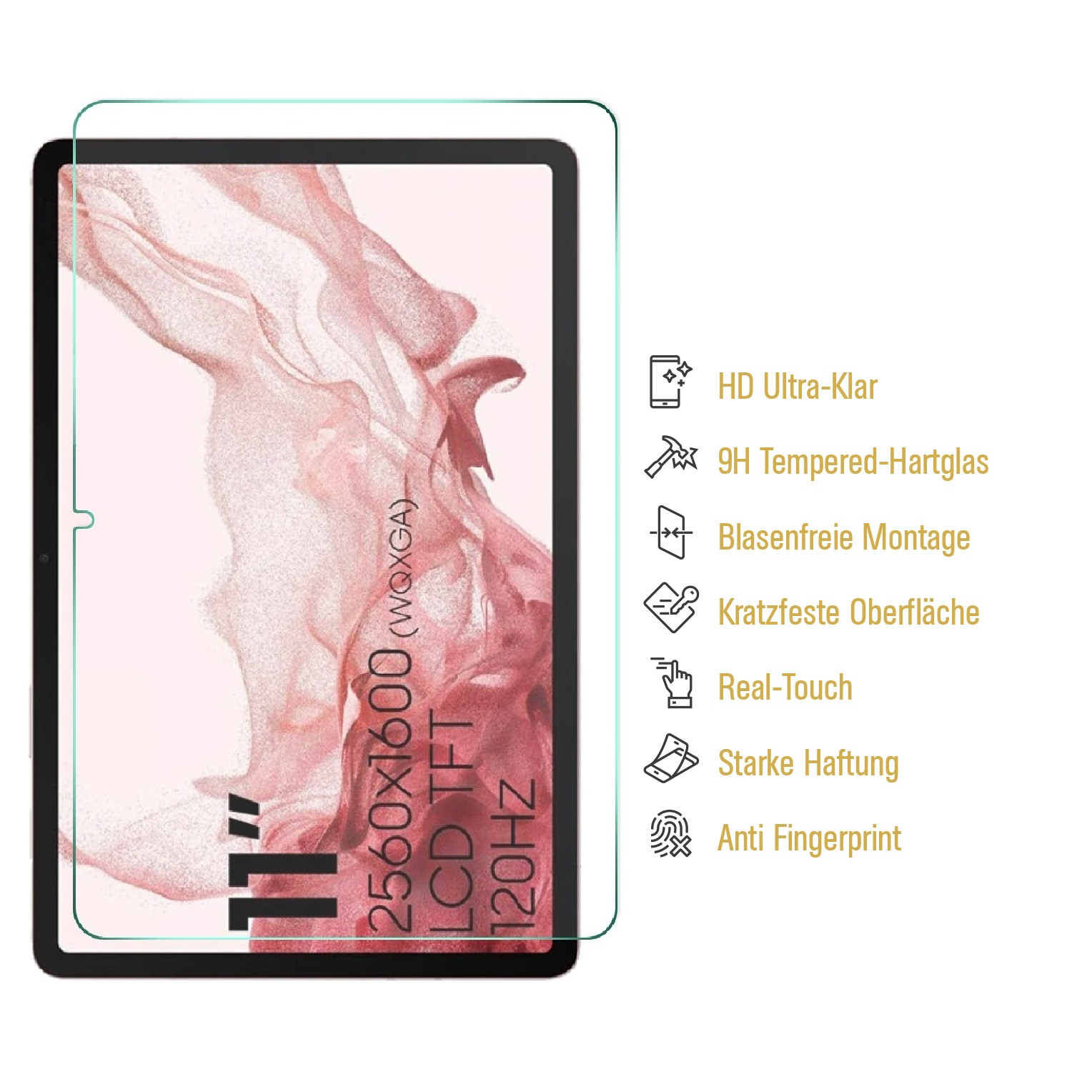 Ein Tablet mit Displayschutz und Icons mit deutschem Text.