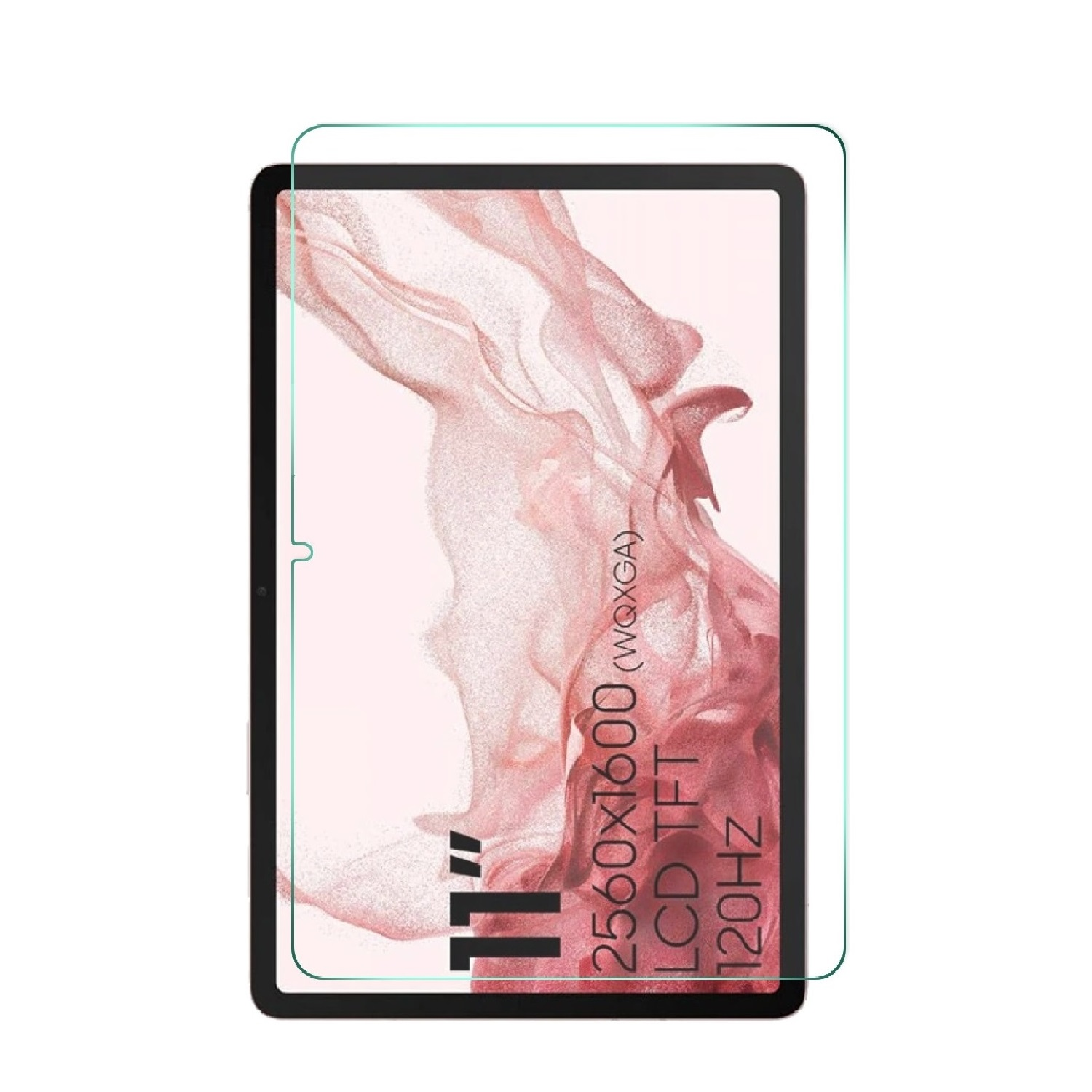 Schwarzes Tablet mit Displayschutzfolie. Text auf dem Bildschirm: 11", 2560x1600, LCD TFT.