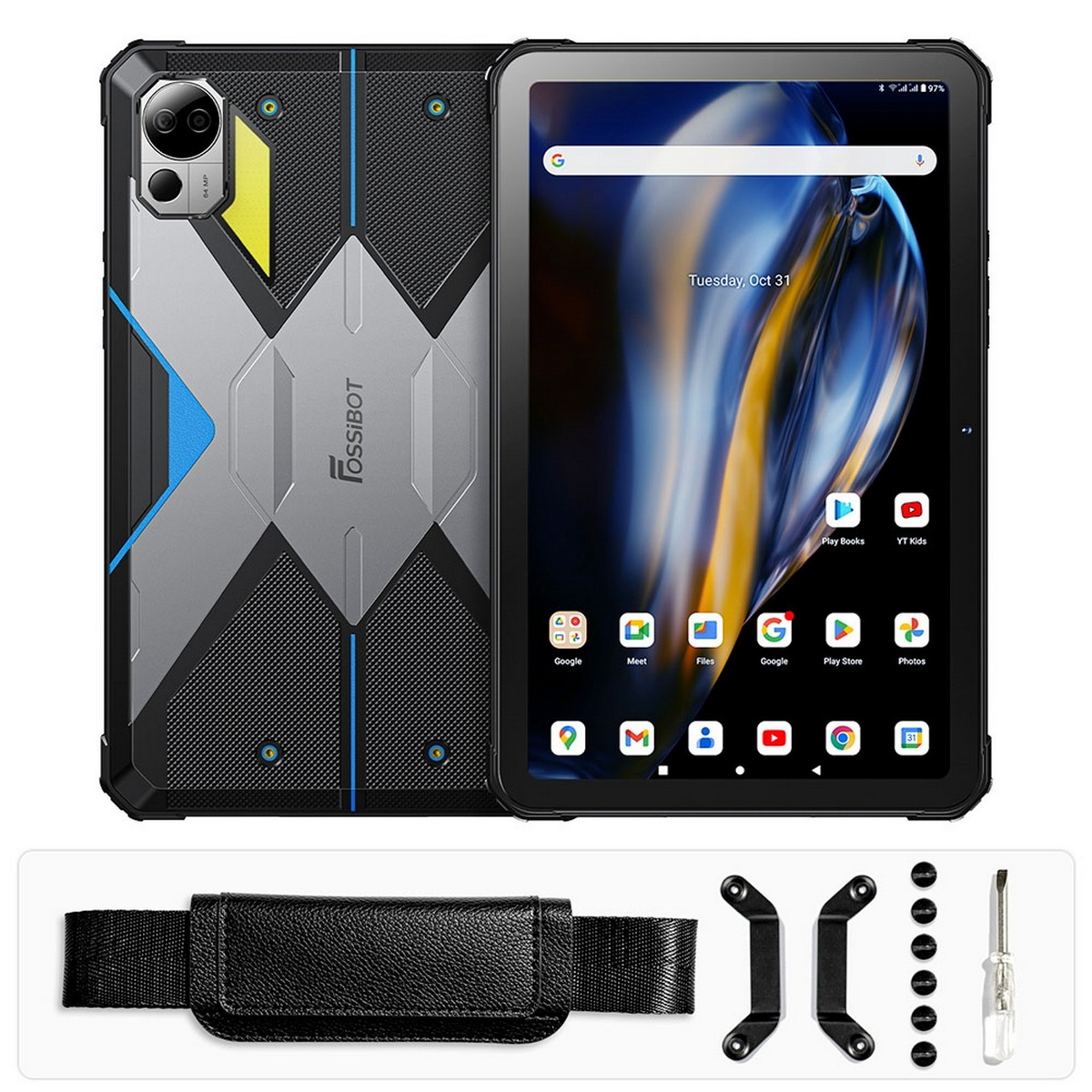 Tablet nero e grigio con penna, cinturino e accessori. Schermo acceso.