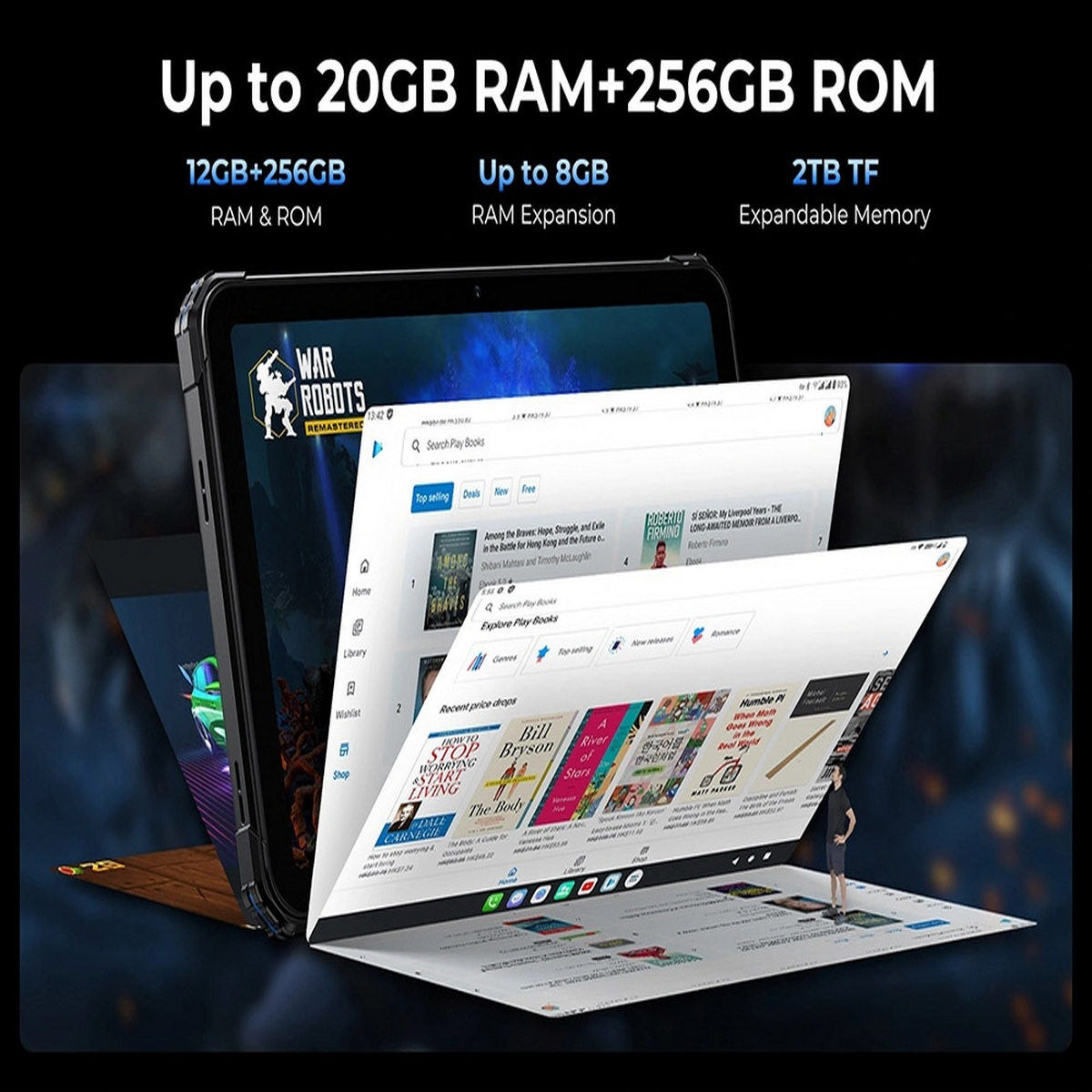 Tablet wyświetlający stronę internetową. Zawiera słowa 'War Robots' i 'Explore Play Books'.