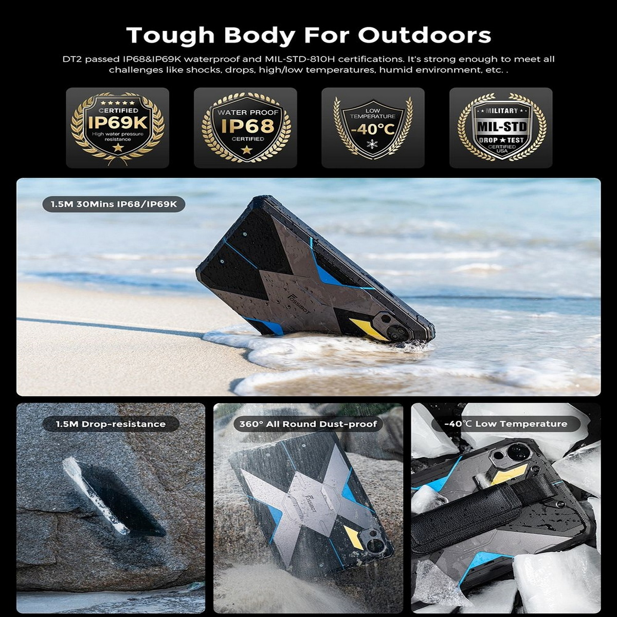 Wytrzymały, odporny smartfon z certyfikatami, w tym IP69K, IP68 i MIL-STD-810H.