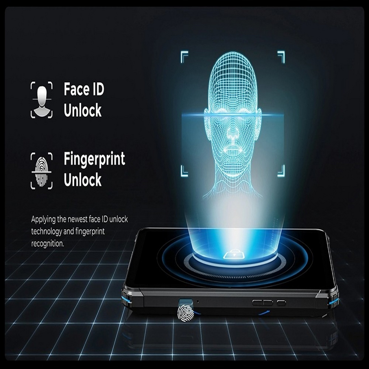 Un telefono con illustrazioni di sblocco tramite riconoscimento facciale e impronta digitale. Sfondo a griglia blu con volto e impronta digitale futuristici.