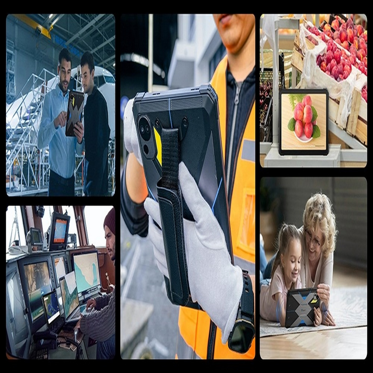 Kolaż obrazów z wytrzymałym tabletem w różnych ustawieniach: fabryka, biuro i rodzina.