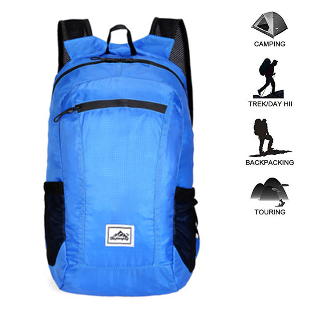 Ein blauer Rucksack mit schwarzen Akzenten und Symbolen für Camping, Wandern, Rucksackreisen und Touren.