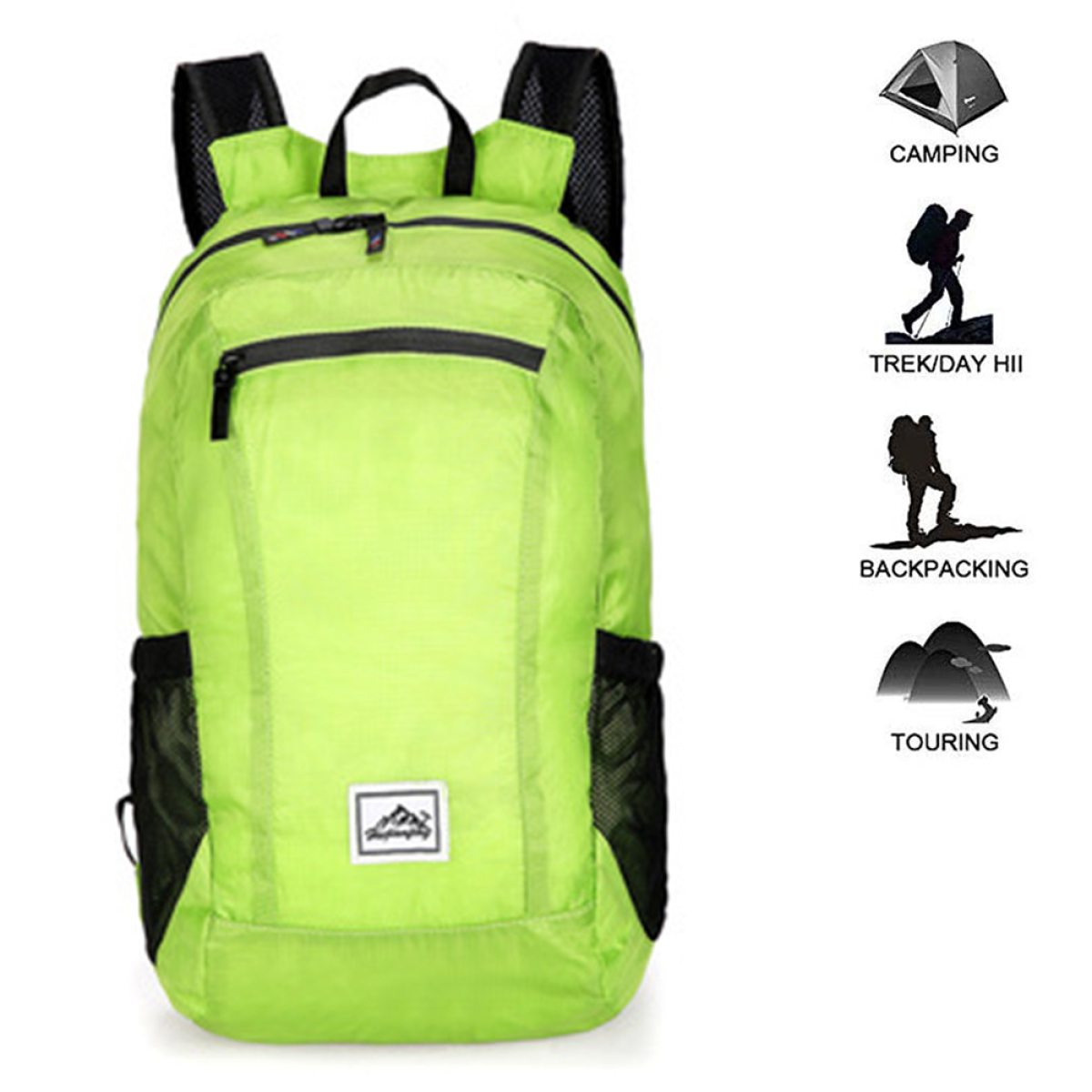 Ein grüner Rucksack mit schwarzen Details, mit Icons für Aktivitäten wie Camping und Trekking.