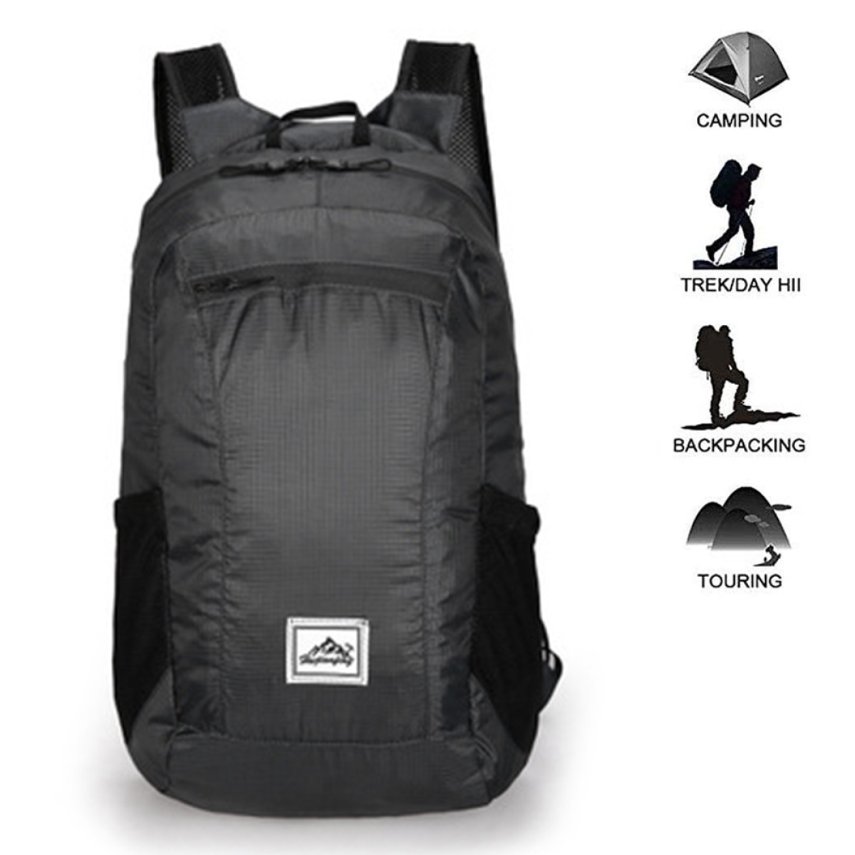 Schwarzer Rucksack mit mehreren Symbolen. Zeigt Camping, Trekking, Backpacking und Touren-Aktivitäten.