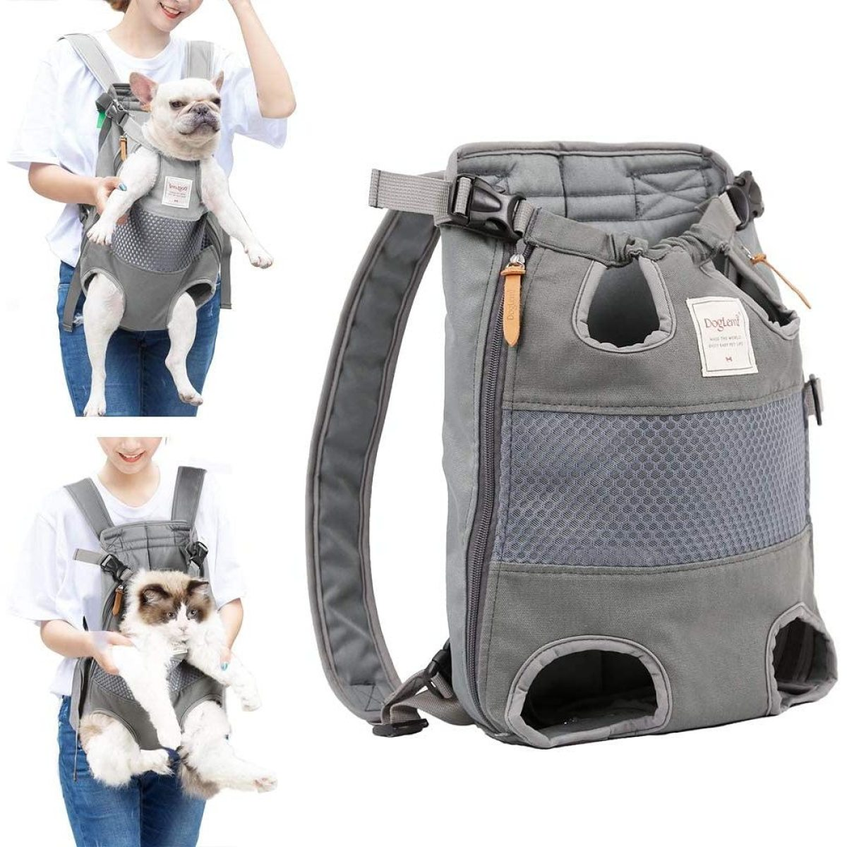 Ein grauer Rucksack für Haustiere. Es hat einen Hund und eine Katze darin. Der Rucksack hat einen Reißverschluss und ein Netzfenster.
