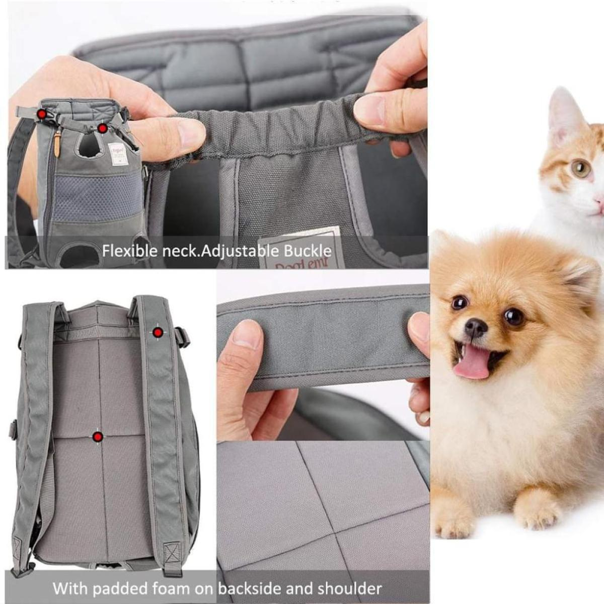 Ein grauer Haustierrucksack mit einem Haustier darin. Der Rucksack hat gepolsterte Gurte und einen flexiblen Hals für das Haustier.