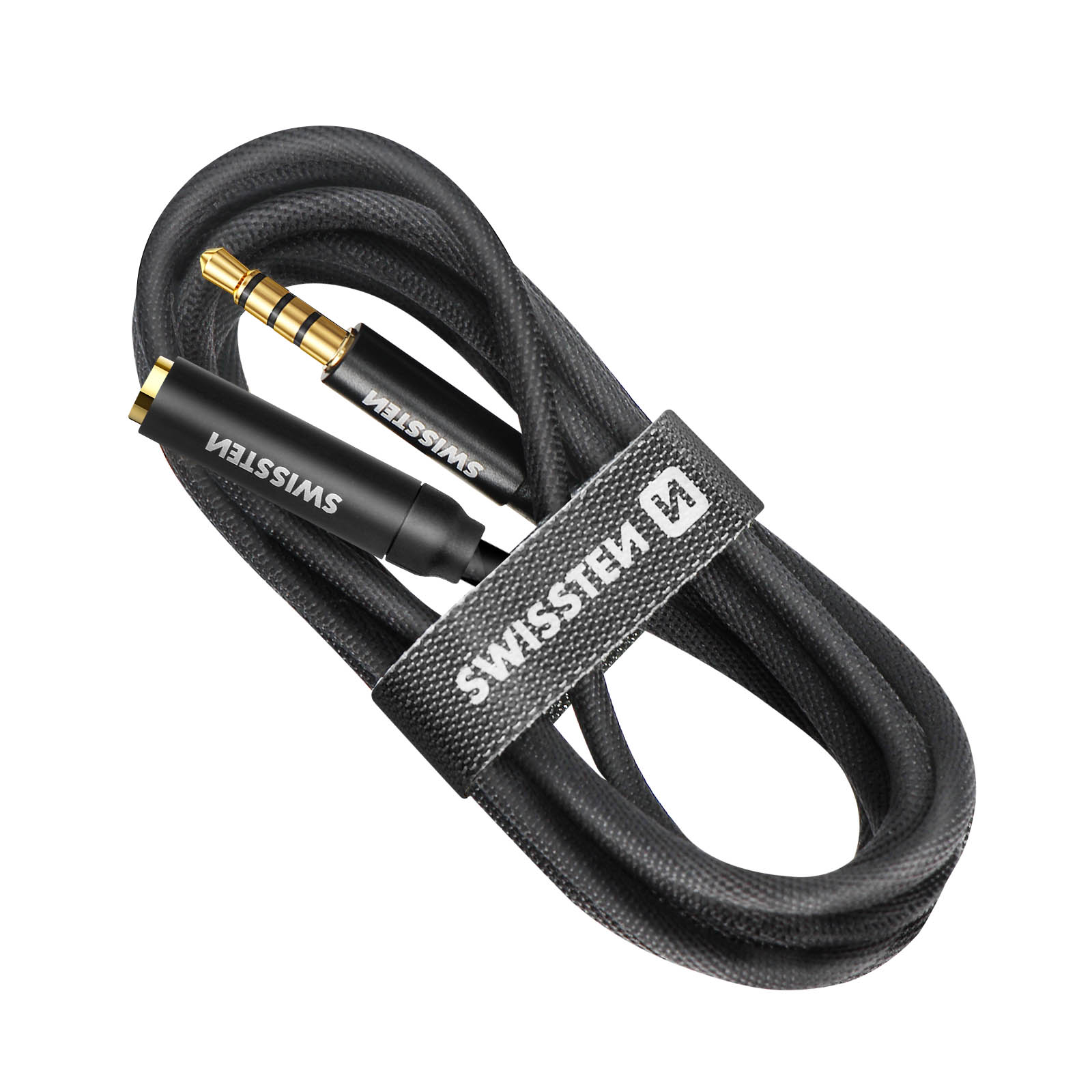 Cavo audio nero con connettori dorati e fascetta con logo 'SWISSTEM'.