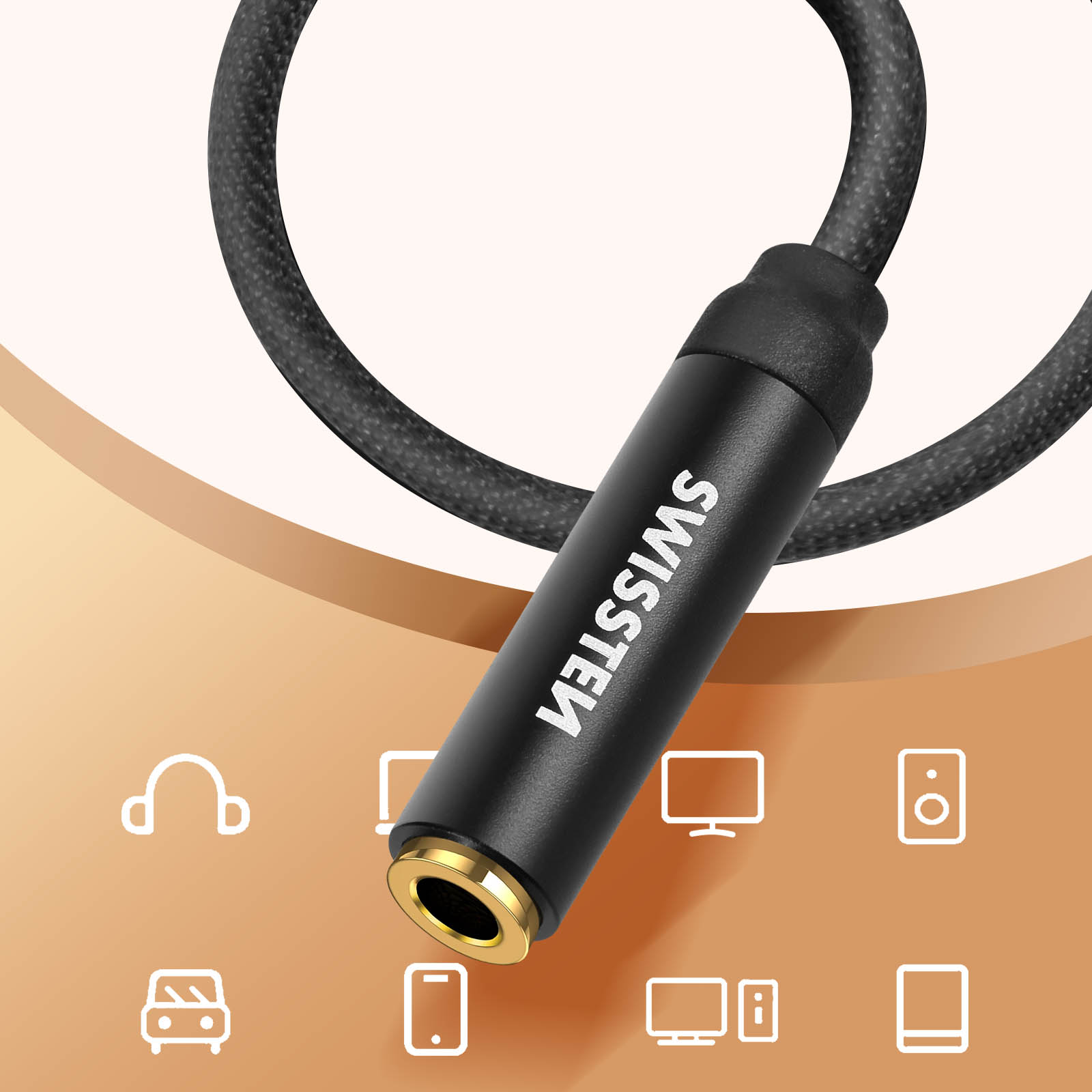 Adattatore audio nero con punta dorata, la parola SWISSTEN e icone di dispositivi audio.