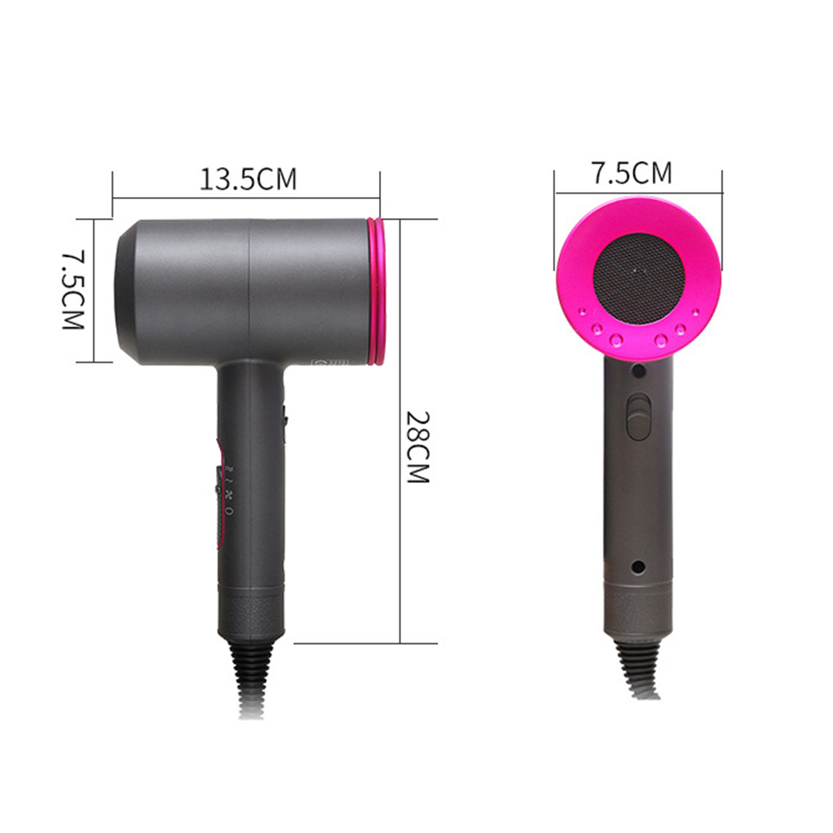 Haartrockner mit beschrifteten Abmessungen, grauem Gehäuse und rosa Akzenten. Weißer Hintergrund.