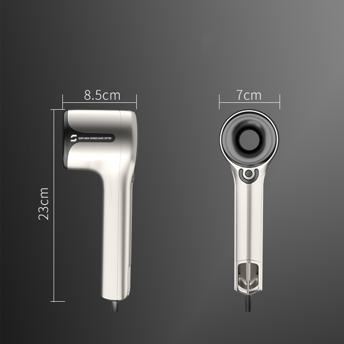 Zwei weiße Haartrockner mit den angegebenen Abmessungen: 23 cm und 8,5 cm.