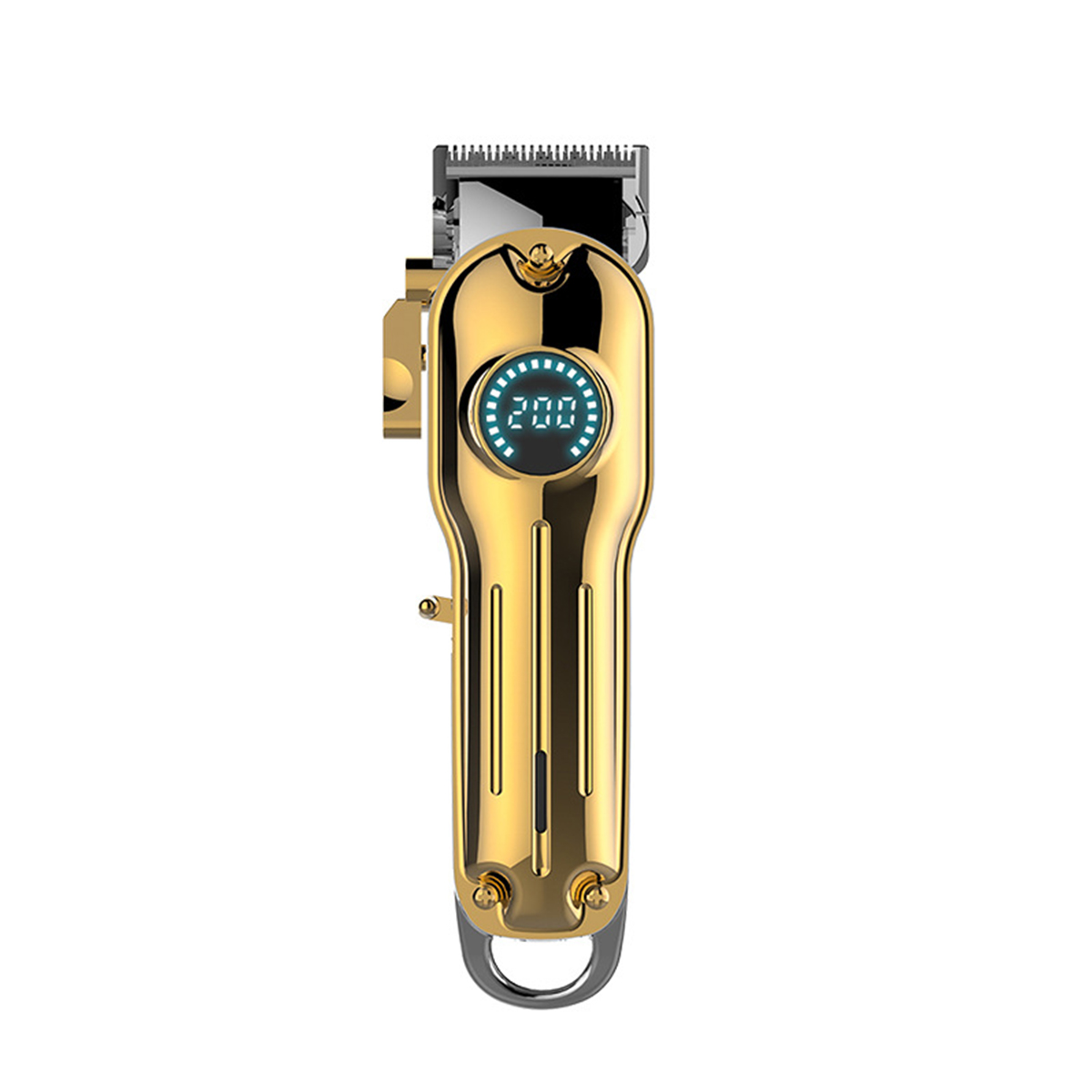 Goldener Haarschneider mit Digitalanzeige. Der Clipper ist goldfarben mit einem schwarz-blauen Digitalbildschirm.