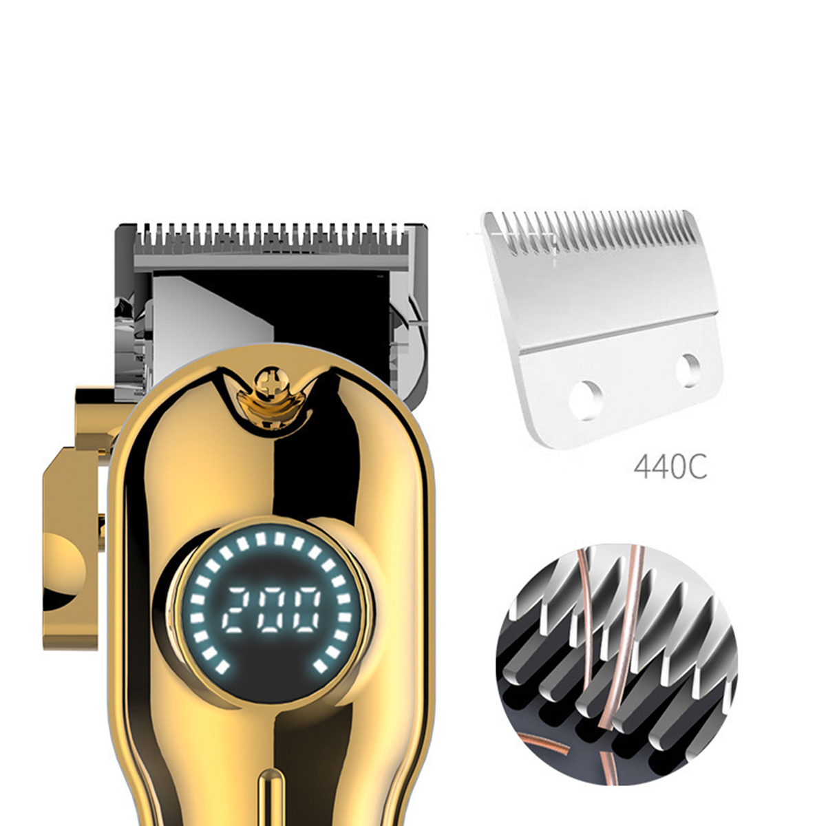 Goldener Haarschneider mit Digitalanzeige, die 200 anzeigt. Zwei Klingen und Detailansicht der Klingen.